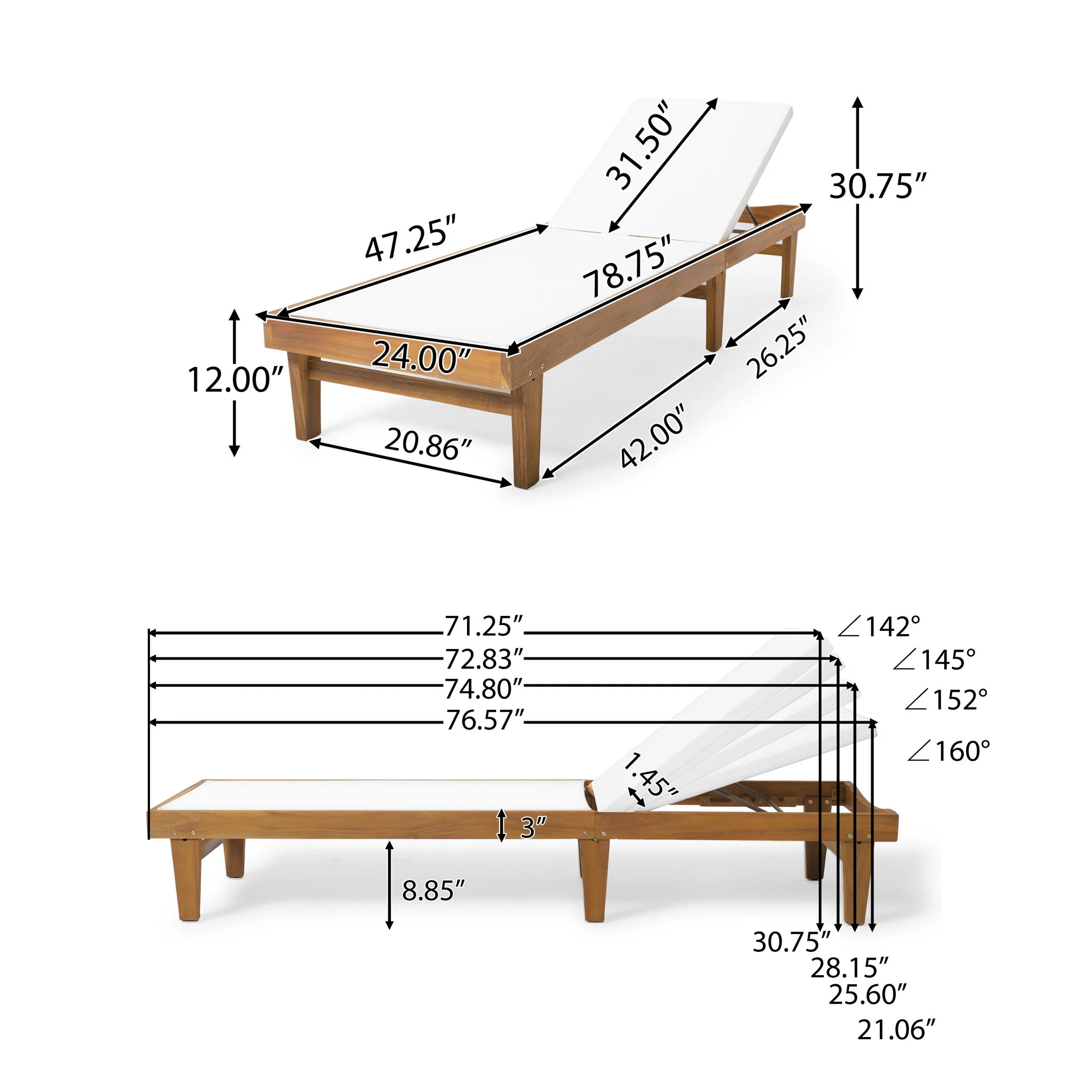 Outdoor Chaise Lounge With Acacia Wood Frame - White / Teak - Image 8