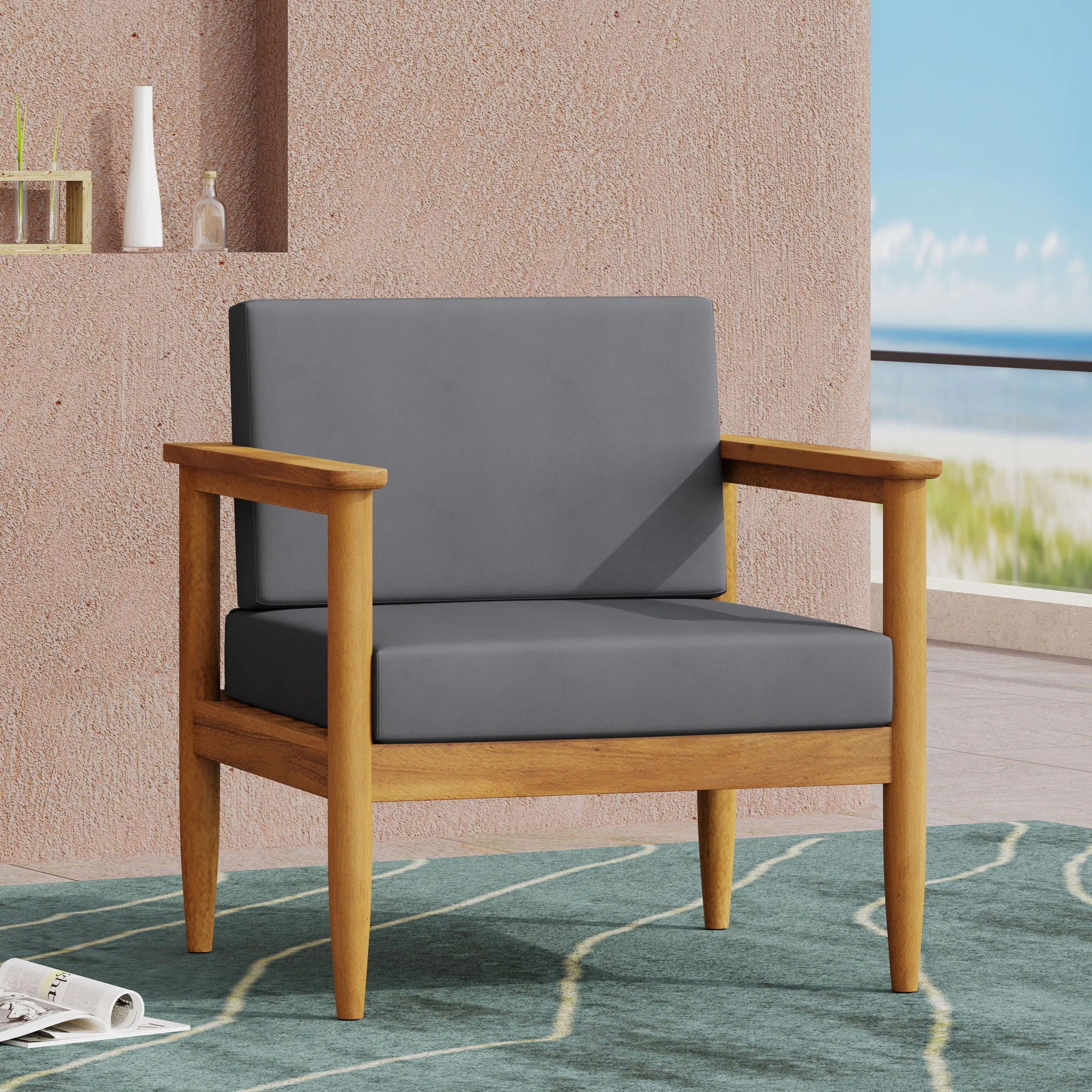 Outdoor Club Chair, Patio Chair With Teak Acacia Wood Frame - Dark Gray - Image 3