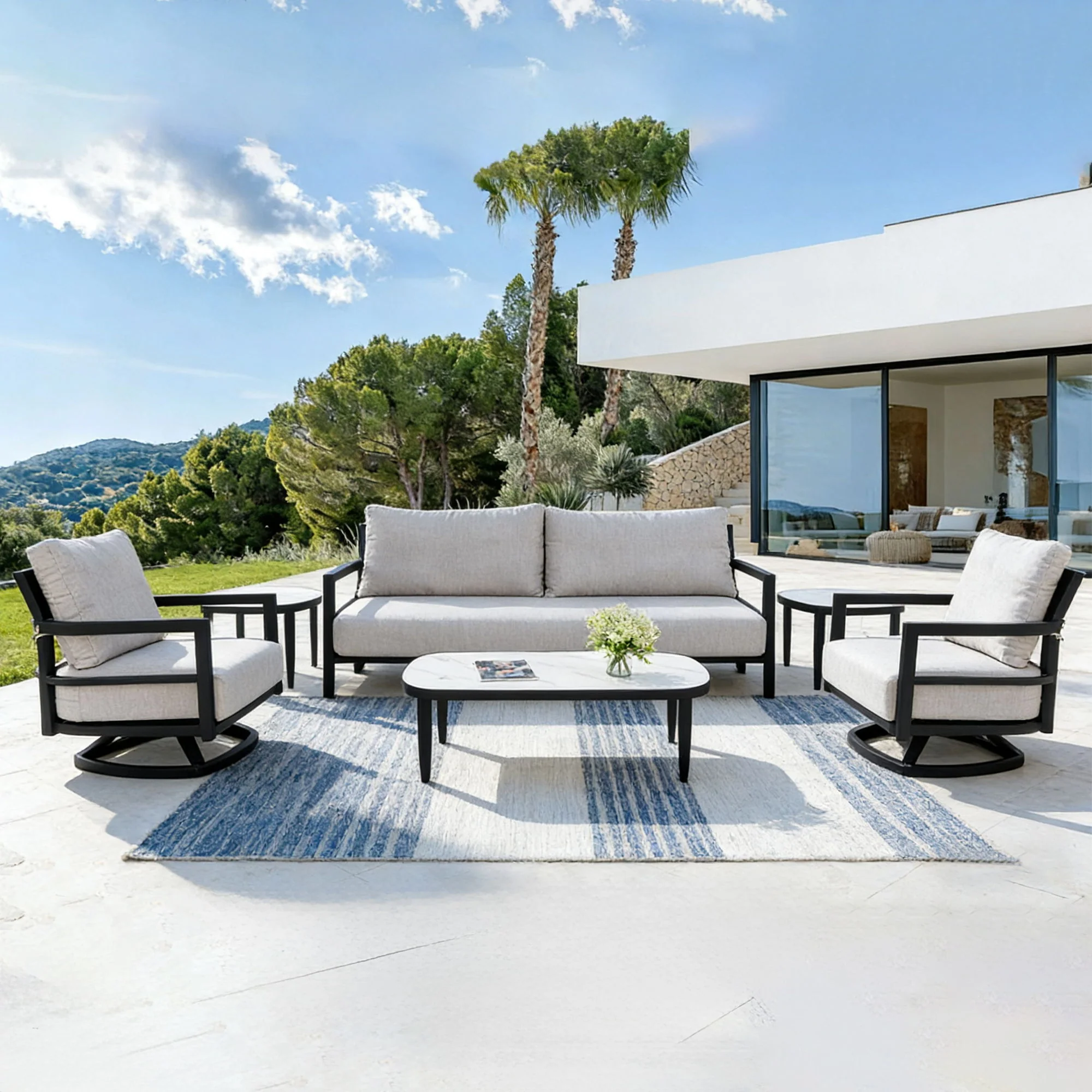 Outdoor Conversation Set With Chairs, Bench Sofa, Tables, Sunbrella Cushions - Image 9