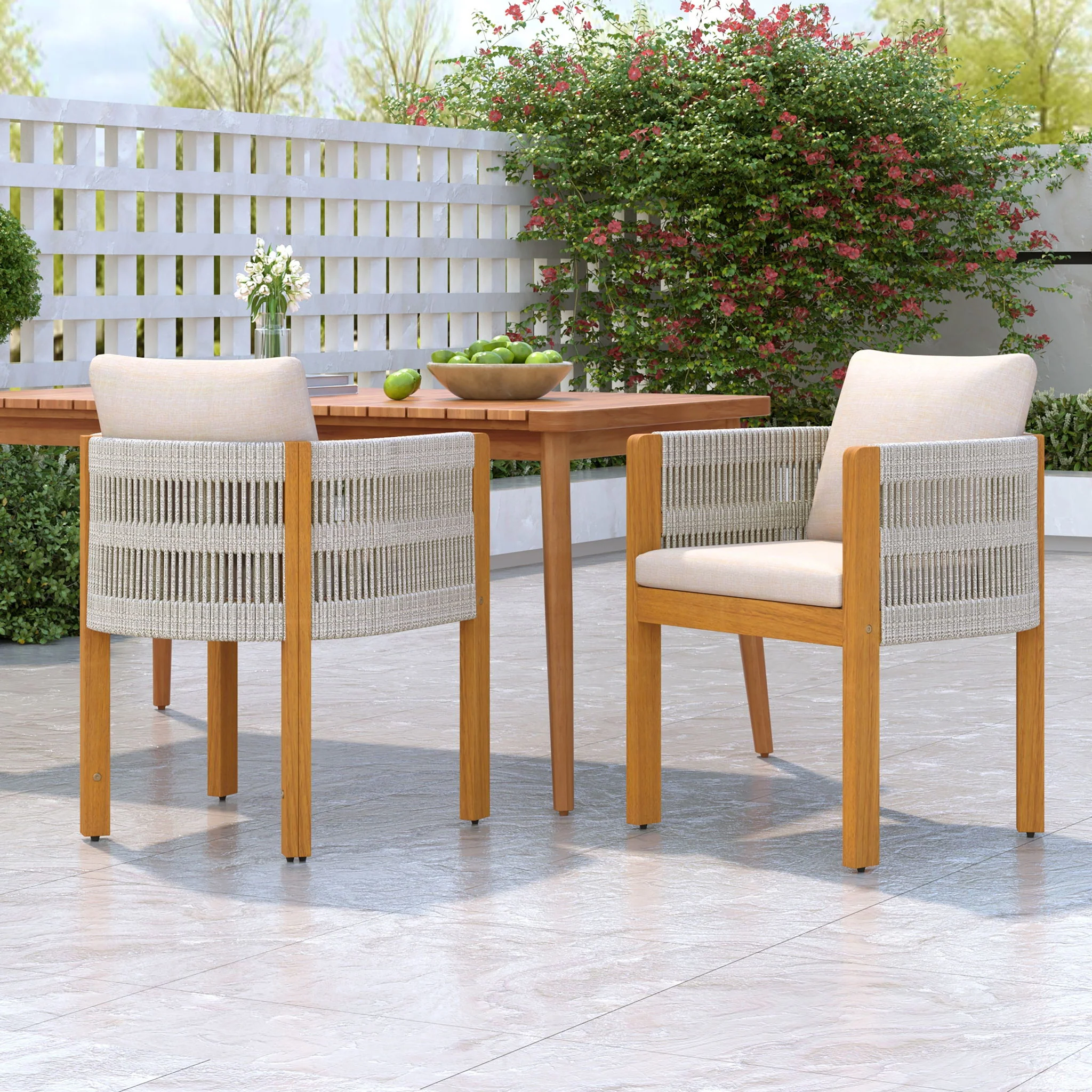 Outdoor Dining Chairs & Rope Handles (Set of 2) - Beige / Teak - Image 2