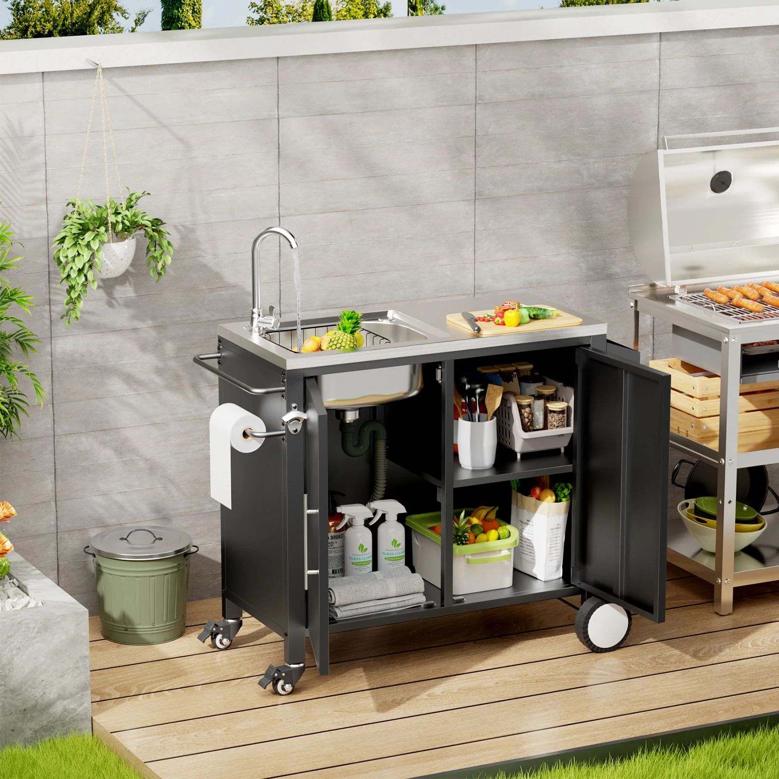 Outdoor Grill Cart With 304 Stainless Steel Sink And Cabinet - Black / Silver - Image 8