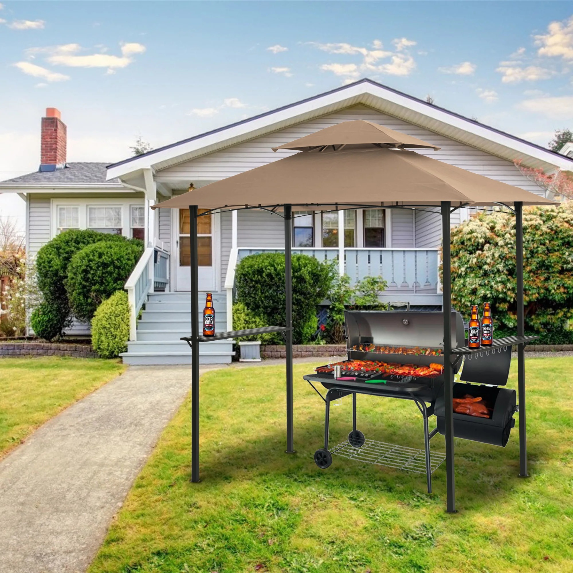 Outdoor Grill Gazebo With Double Tier Soft Top Canopy, Steel Frame, Bar Counters & Hook - Image 12