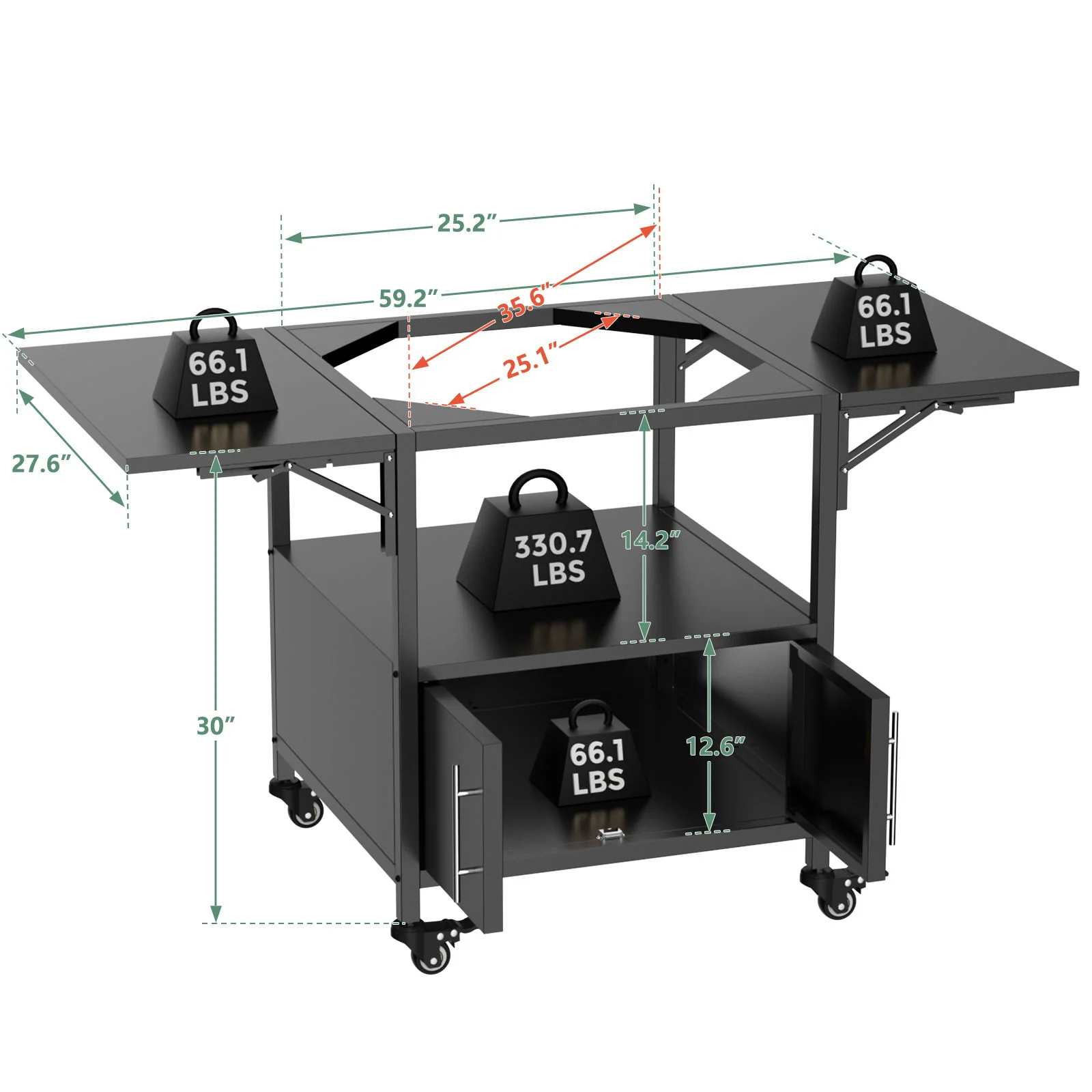 Outdoor Grill Table For Big Egg Style Bbq Metal Grill Cart With 2 Folding Panels Metal - Black - Image 2