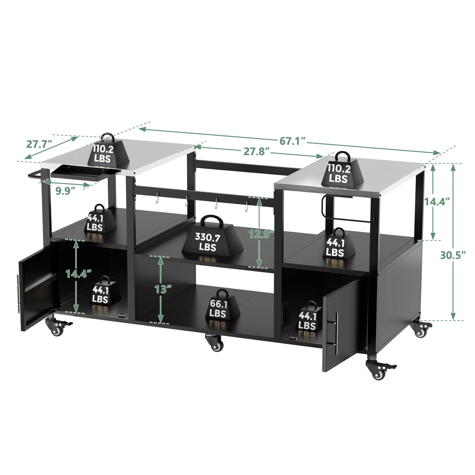 Outdoor Grill Table For Big Egg Style Bbq With Metal Grill Cart And Storage Box And Metal And Stainless Steel - Black / Silver - Image 4