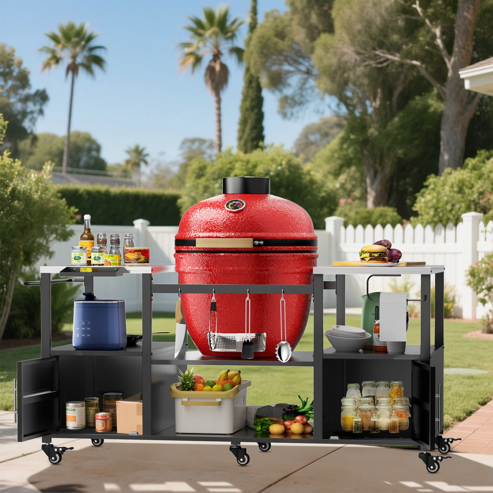 Outdoor Grill Table For Big Egg Style Bbq With Metal Grill Cart And Storage Box And Metal And Stainless Steel - Black / Silver - Image 5