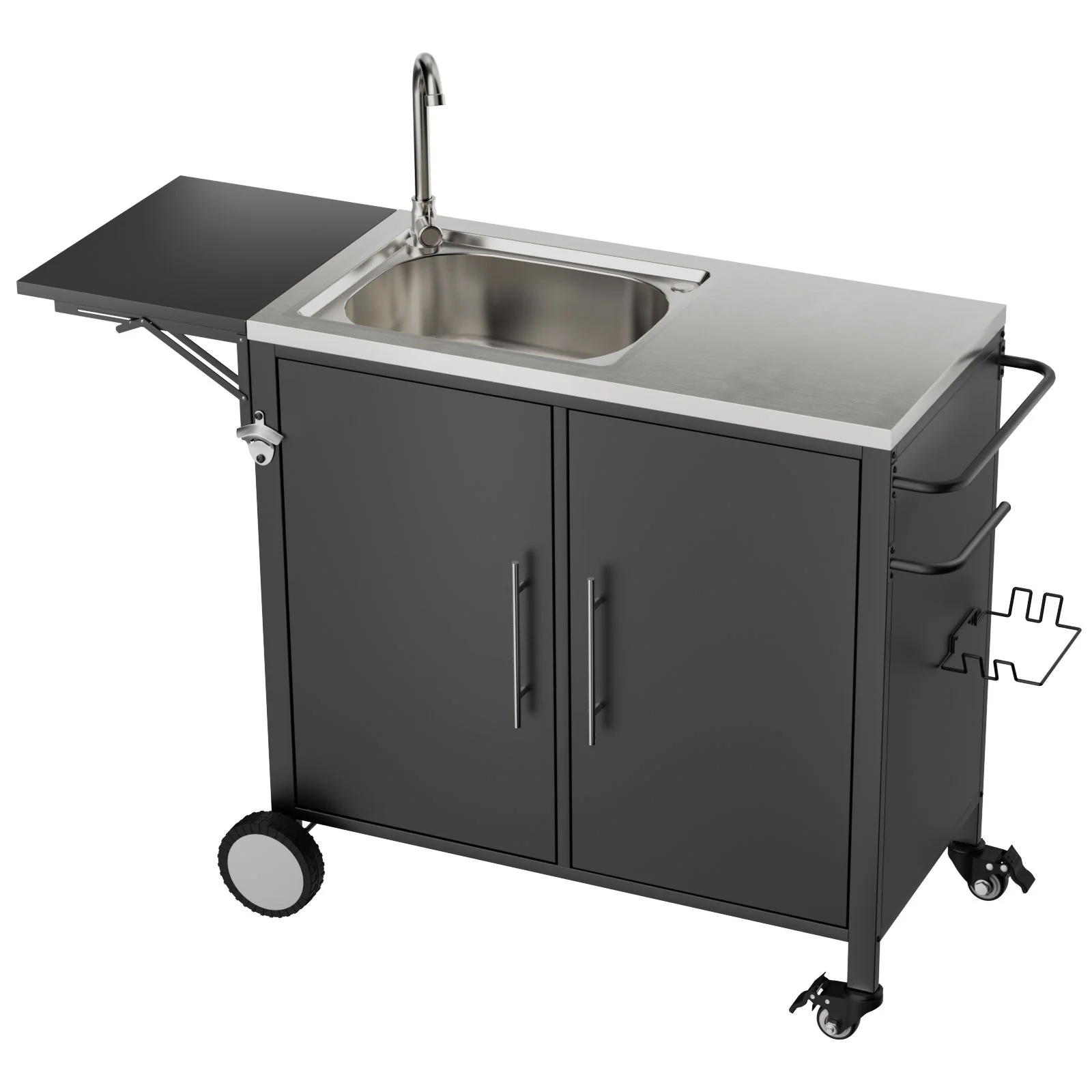 Outdoor Grill Table With Sink, Worktable Kitchen Cabinet Island With Wheels & Foldable Top - Black