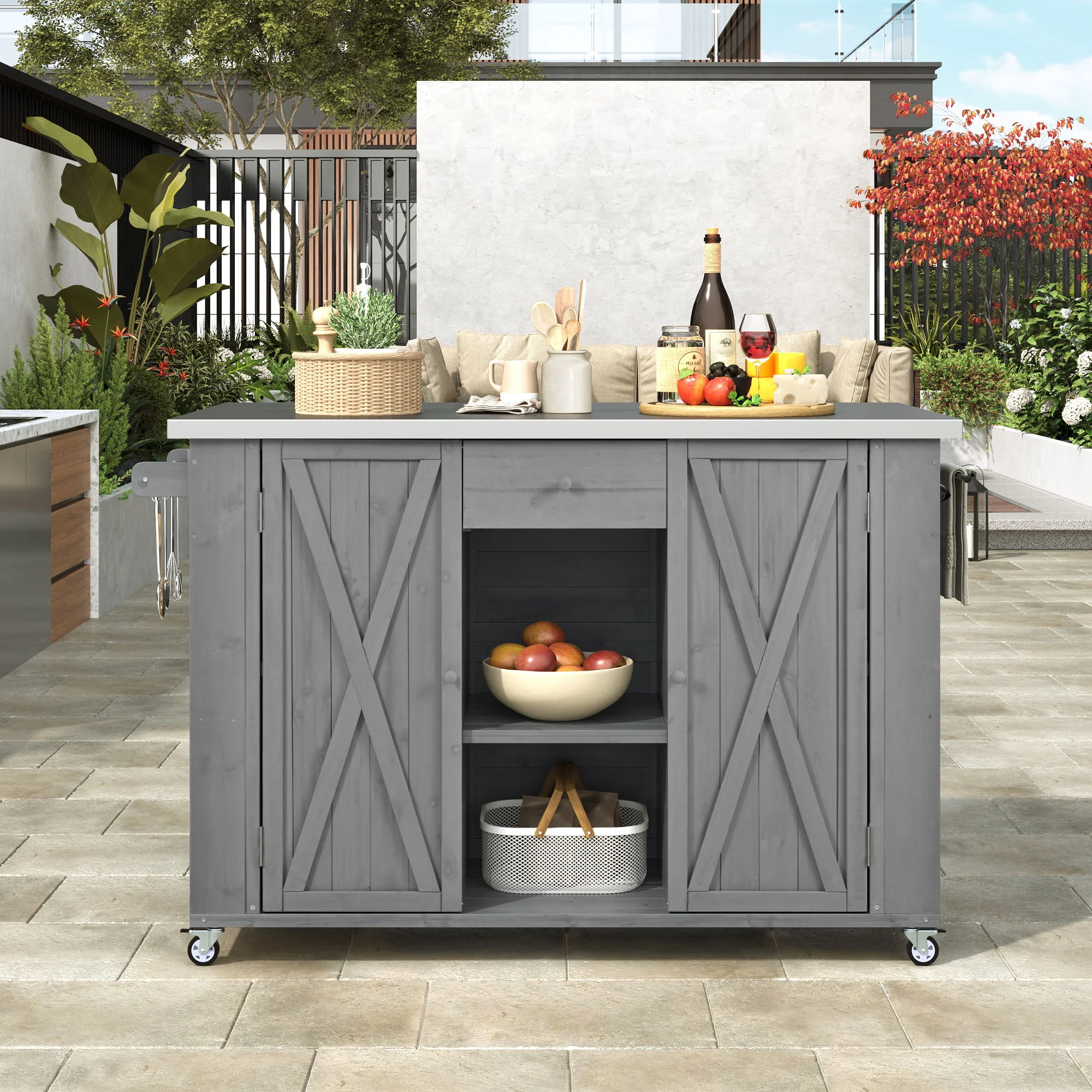 Outdoor Kitchen Island With Stainless Steel Top, Ample Storage Space, Towel And Spice Racks And A Bottle Opener - Image 24