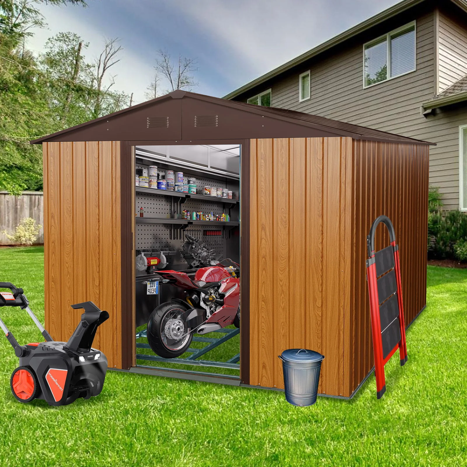 Outdoor Metal Storage Shed Garden Building Heavy Duty with Floor Base - Image 33