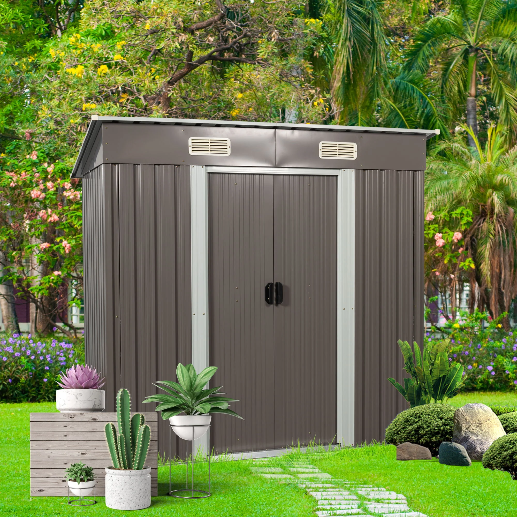 Outdoor Metal Storage Shed Garden Building Weather Resistant Iron 6x5ft - Image 18