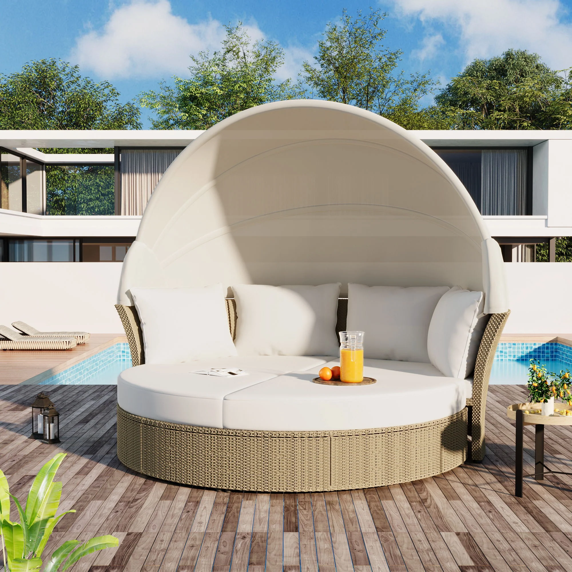 Outdoor Patio Daybed Wicker Rattan Double Daybed Round Sofa Furniture Set With Retractable Canopy, 4 Pillows For Lawn Garden - Image 9