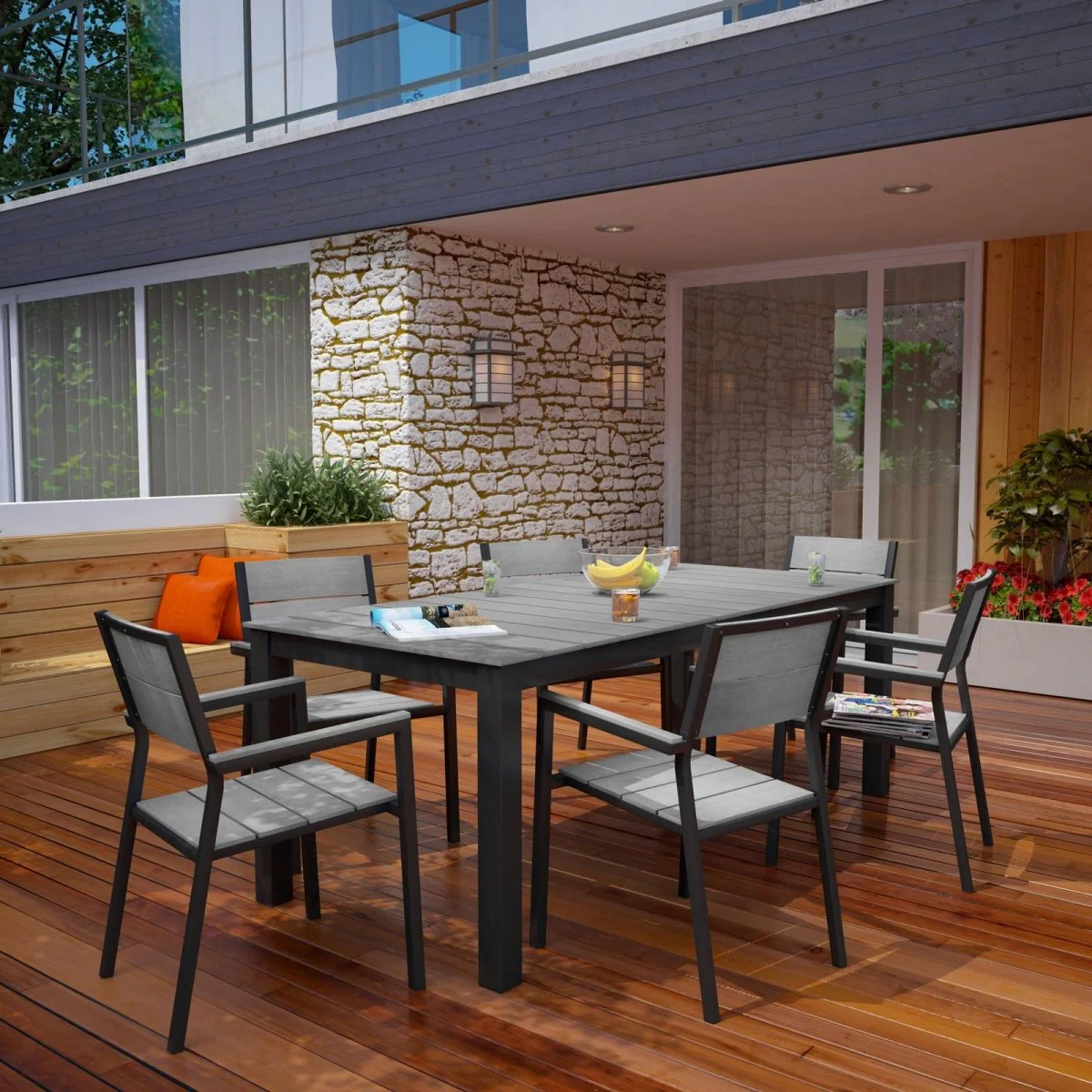 Outdoor Patio Dining Set – Aluminum Frame with Wood-Look Table and Chairs - Image 42