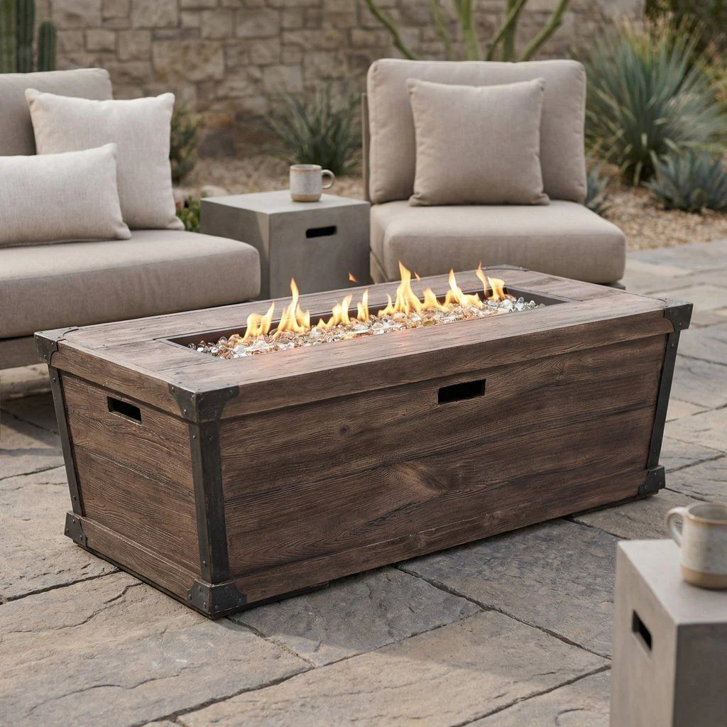Outdoor Patio Gas Fire Pit Table Wood Pattern Lightweight Concrete 56x19in Dark Brown