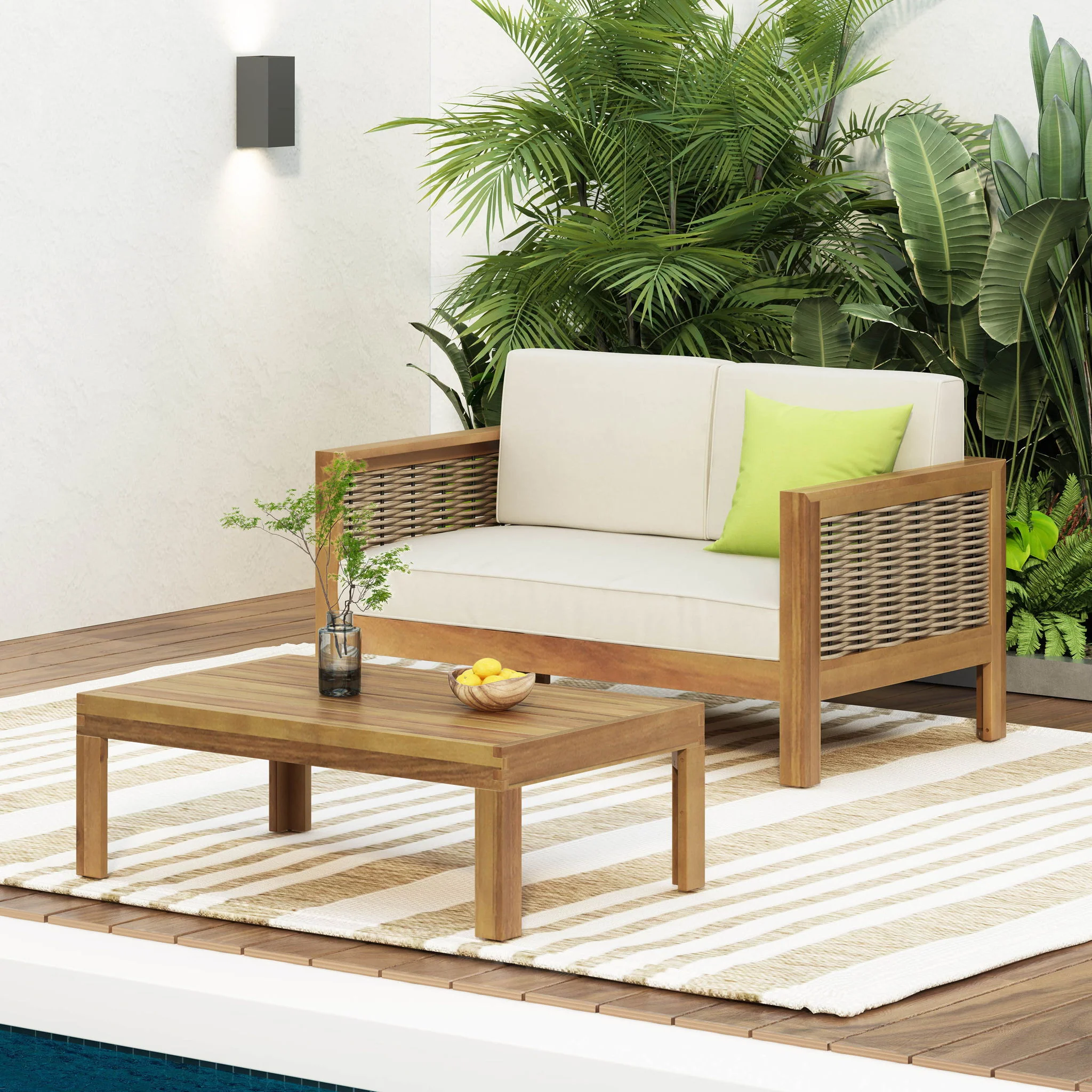 Outdoor Patio Set With Coffee Table And Loveseat - Teak / Beige - Image 5