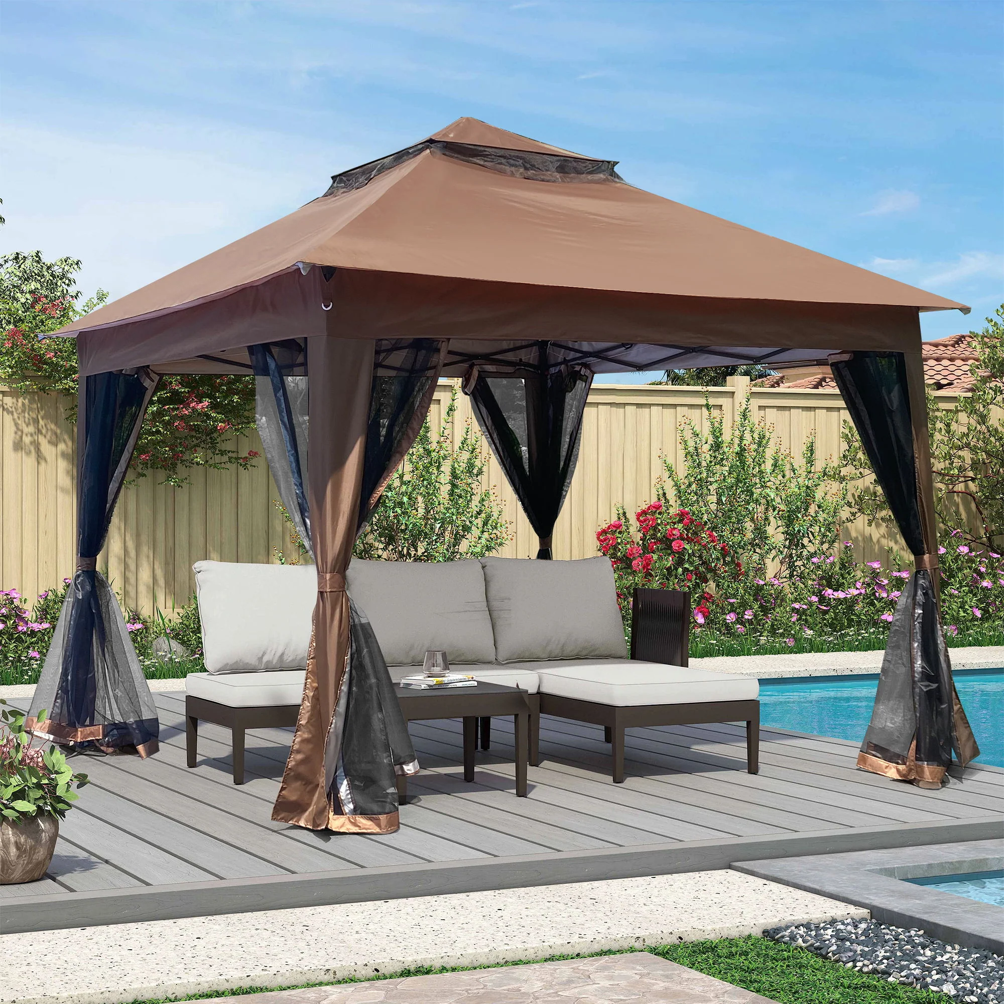 Outdoor Pop Up Gazebo Canopy With 2 Tier Soft Top And Removable Zipper Netting - Image 10