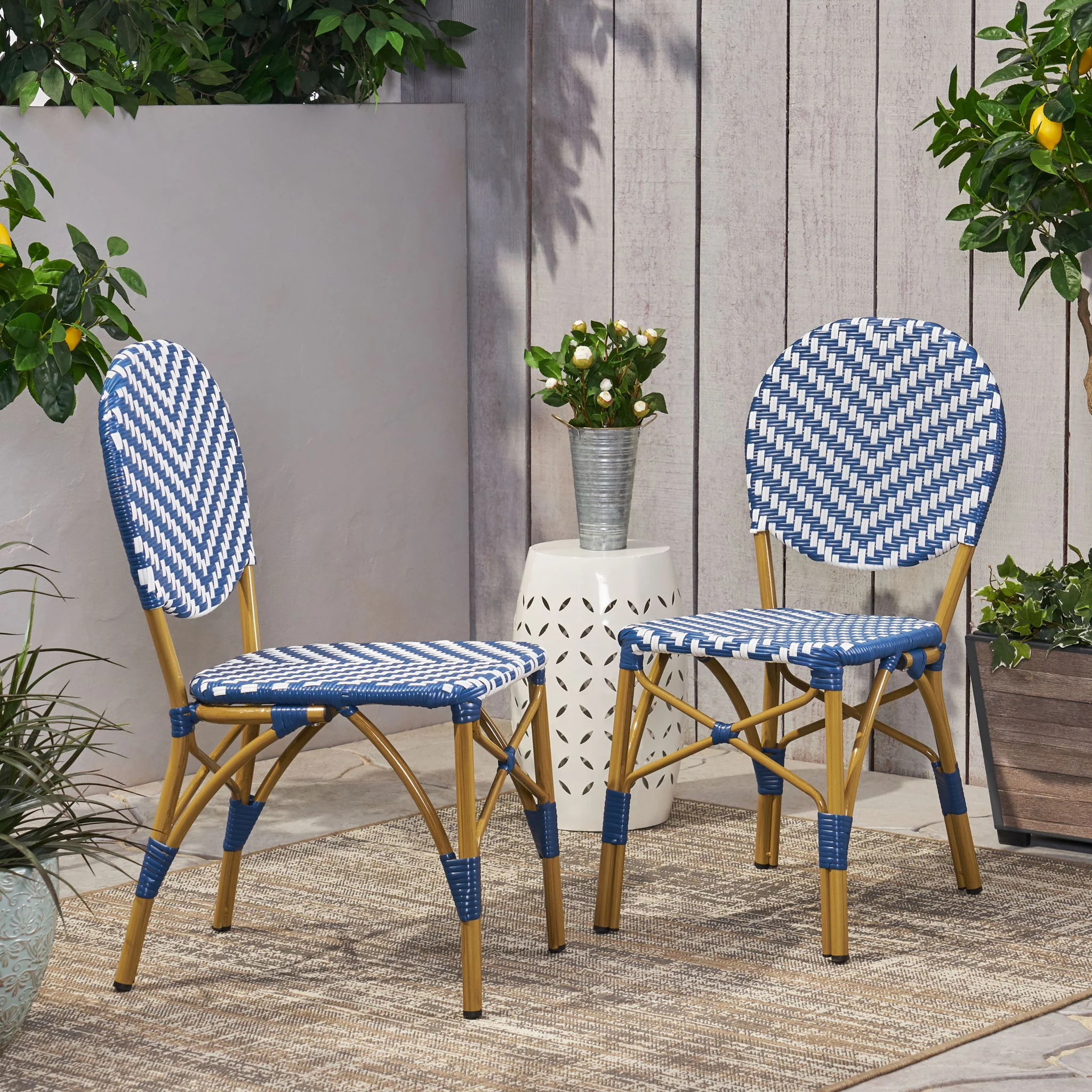 Outdoor Rattan And Aluminum French Armless Bistro Chairs Set - Navy Blue - Image 2
