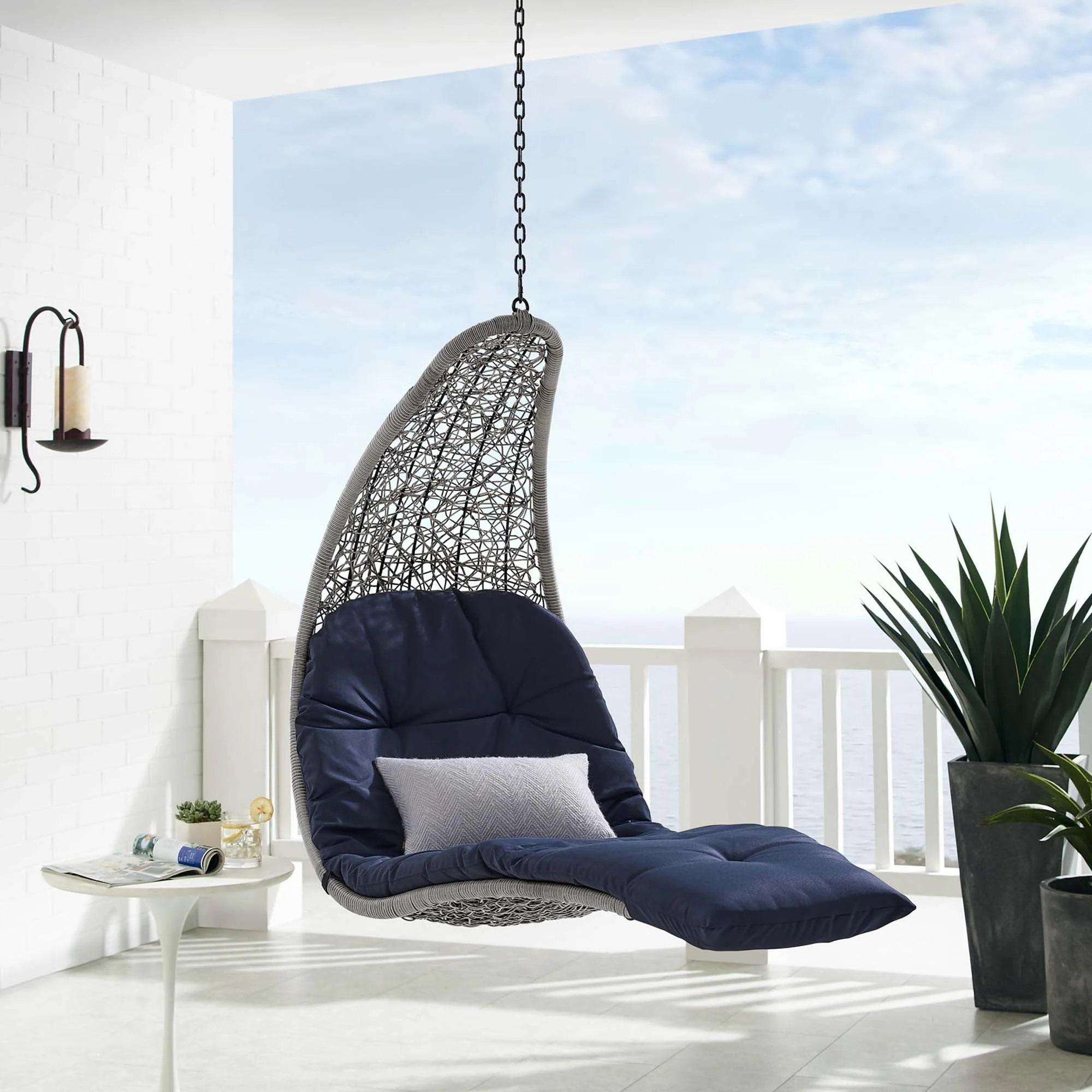 Outdoor Rattan Chaise Lounge Hanging Swing Chair with Steel Stand and Adjustable Recline - Image 20