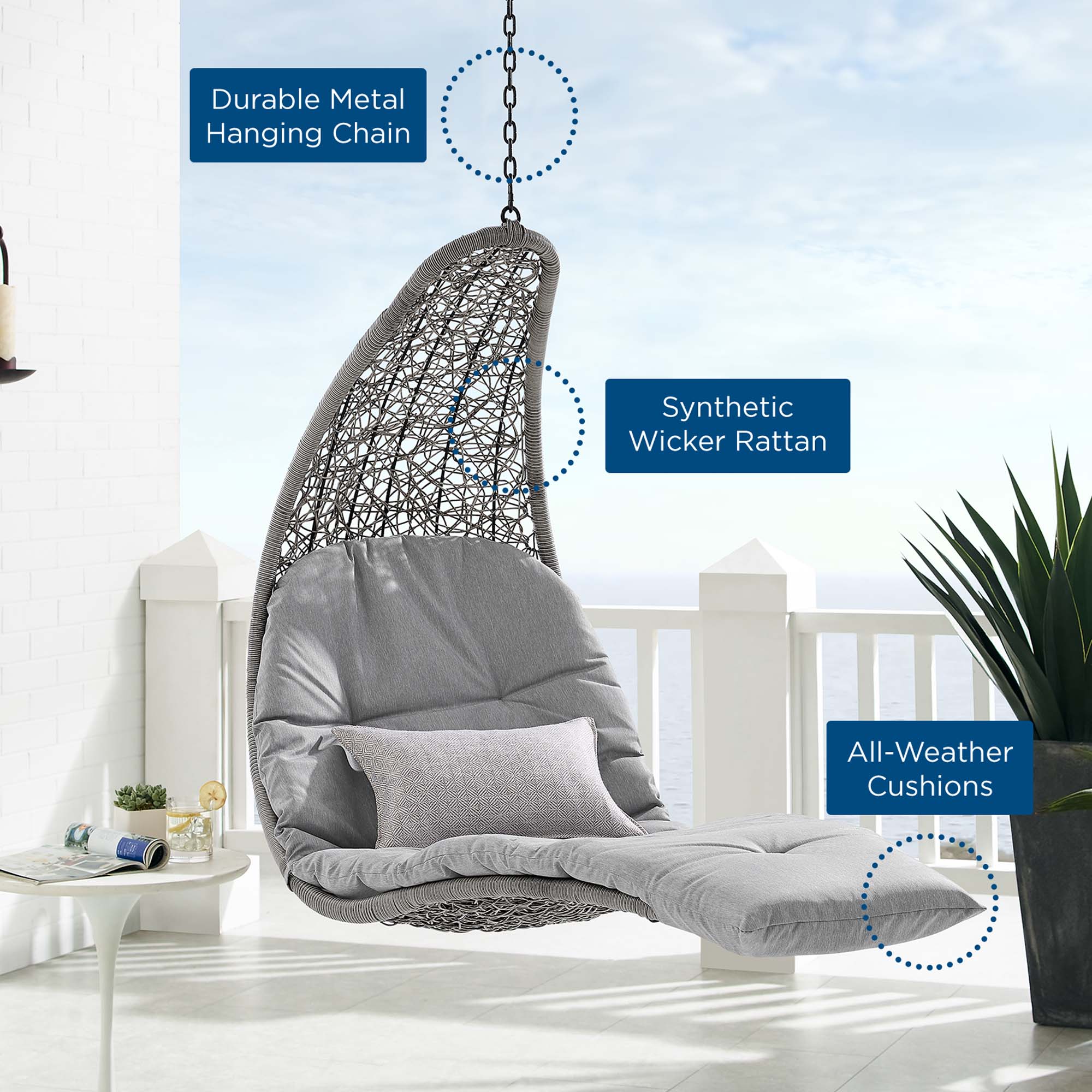 Outdoor Rattan Chaise Lounge Hanging Swing Chair with Steel Stand and Adjustable Recline - Image 22