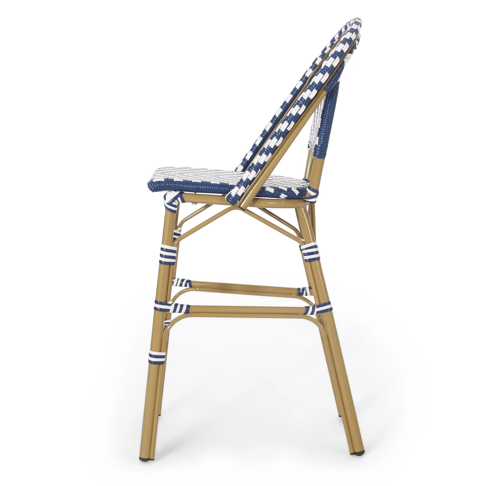Outdoor Rattan French Barstool Set,, Bamboo, Seat Height - Navy Blue / White - Image 2