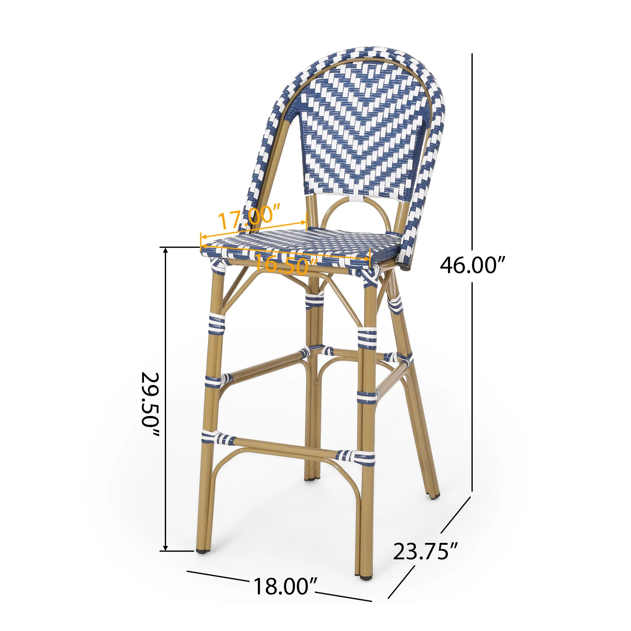 Outdoor Rattan French Barstool Set,, Bamboo, Seat Height - Navy Blue / White - Image 7