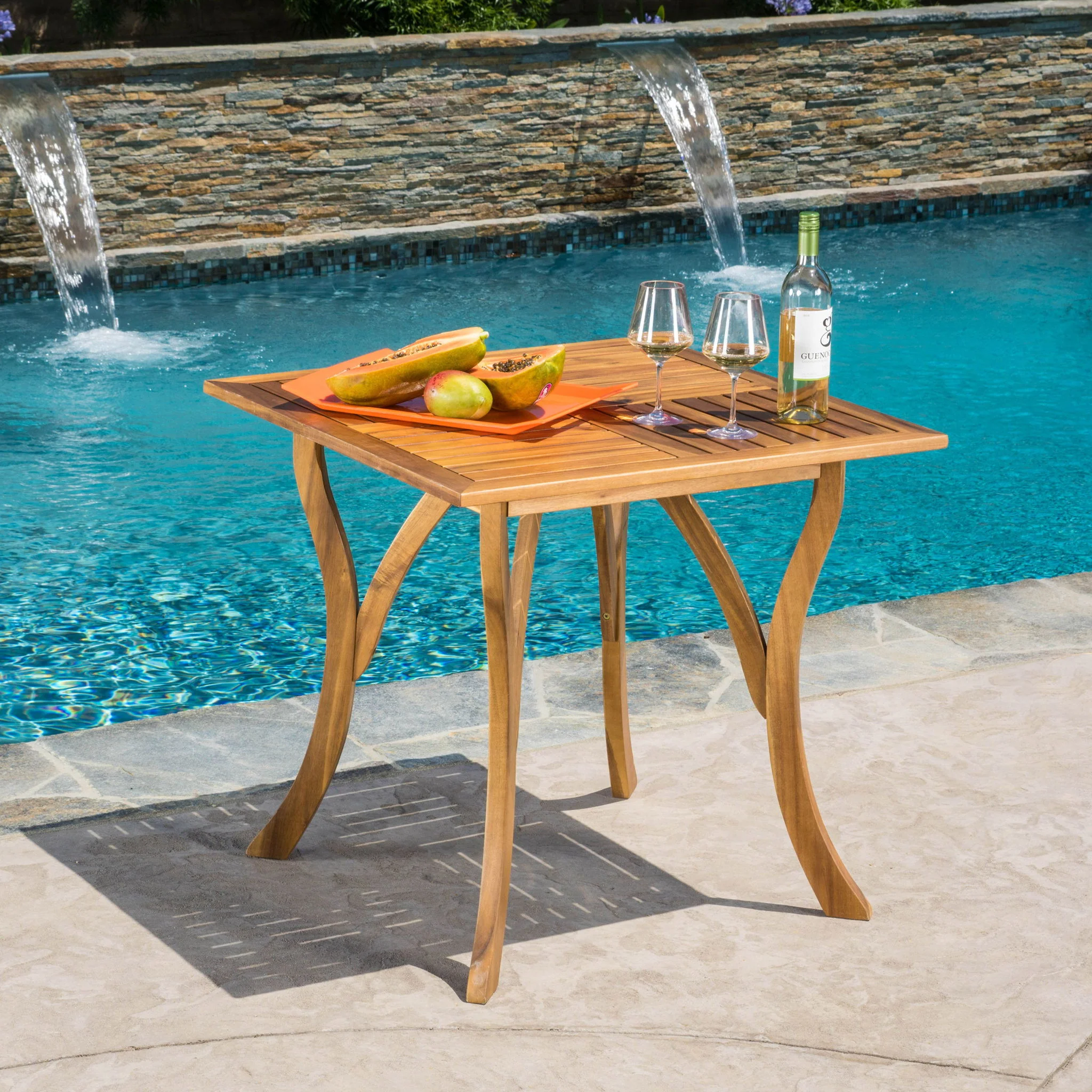 Outdoor Rectangular Table With Curved Legs And Perpendicular Wooden Slats Table Top - Image 11