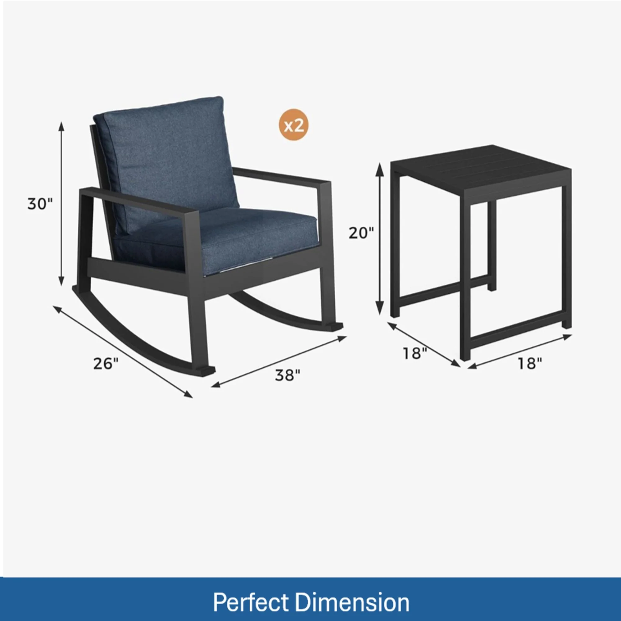 Outdoor Rocking Bistro Set Of 3, Oversized Rocking Chairs With Cushions And Side Table - Black / Blue - Image 8