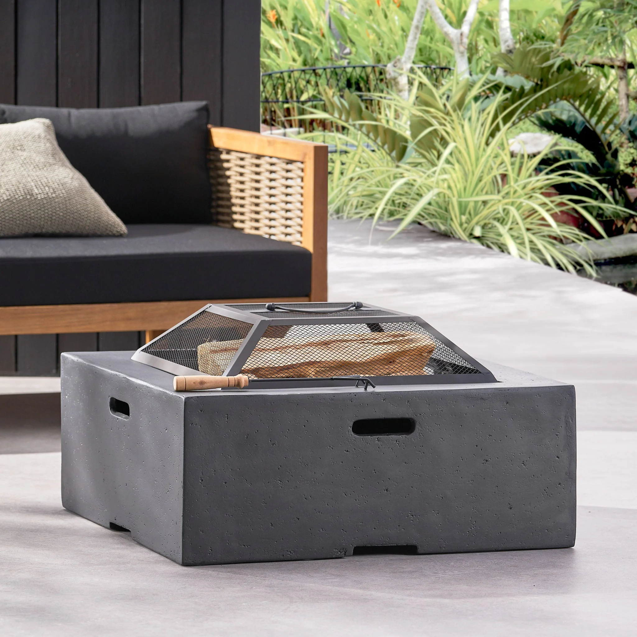 Outdoor Square Fire Pit Garden Hearth Wood Burning Magnesium Oxide 29x17in Dark Gray - Image 9