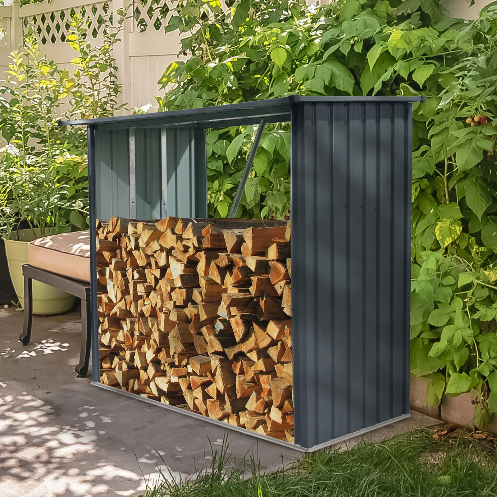 Outdoor Steel Firewood Rack, Open Wood Shed With Sloped Roof For Firewood, Pellet, Or Lumber Storage - Black - Image 6