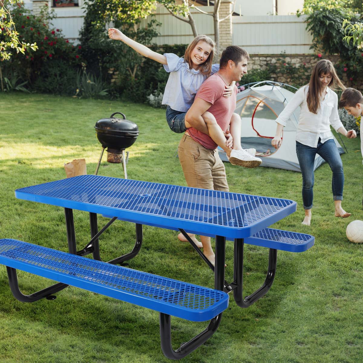 Outdoor Steel Picnic Rectangular Table With Umbrella Pole - Image 5