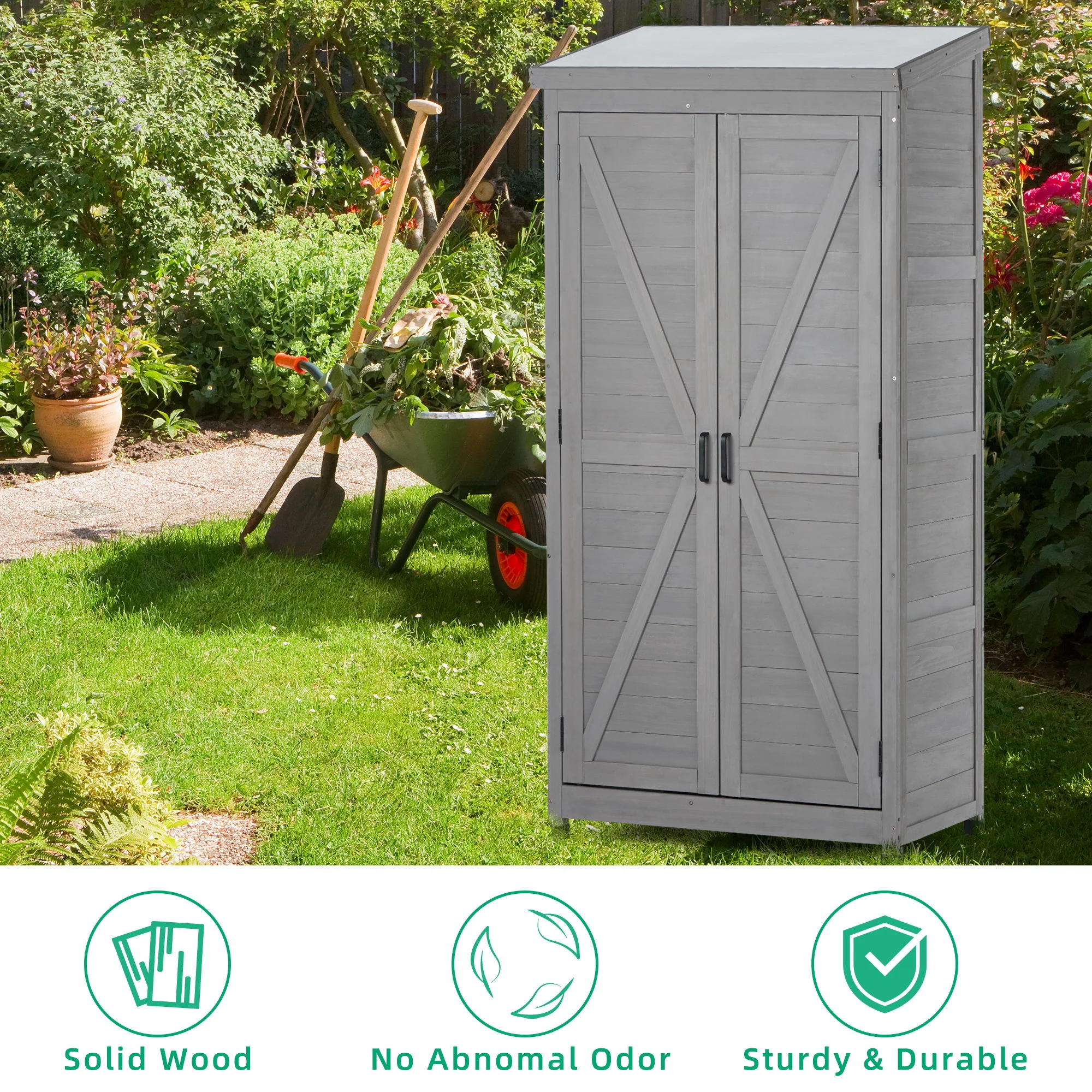 Wood Outdoor Storage Cabinet With Metal Top Garden Shed For Yard And Patio - Gray - Image 3