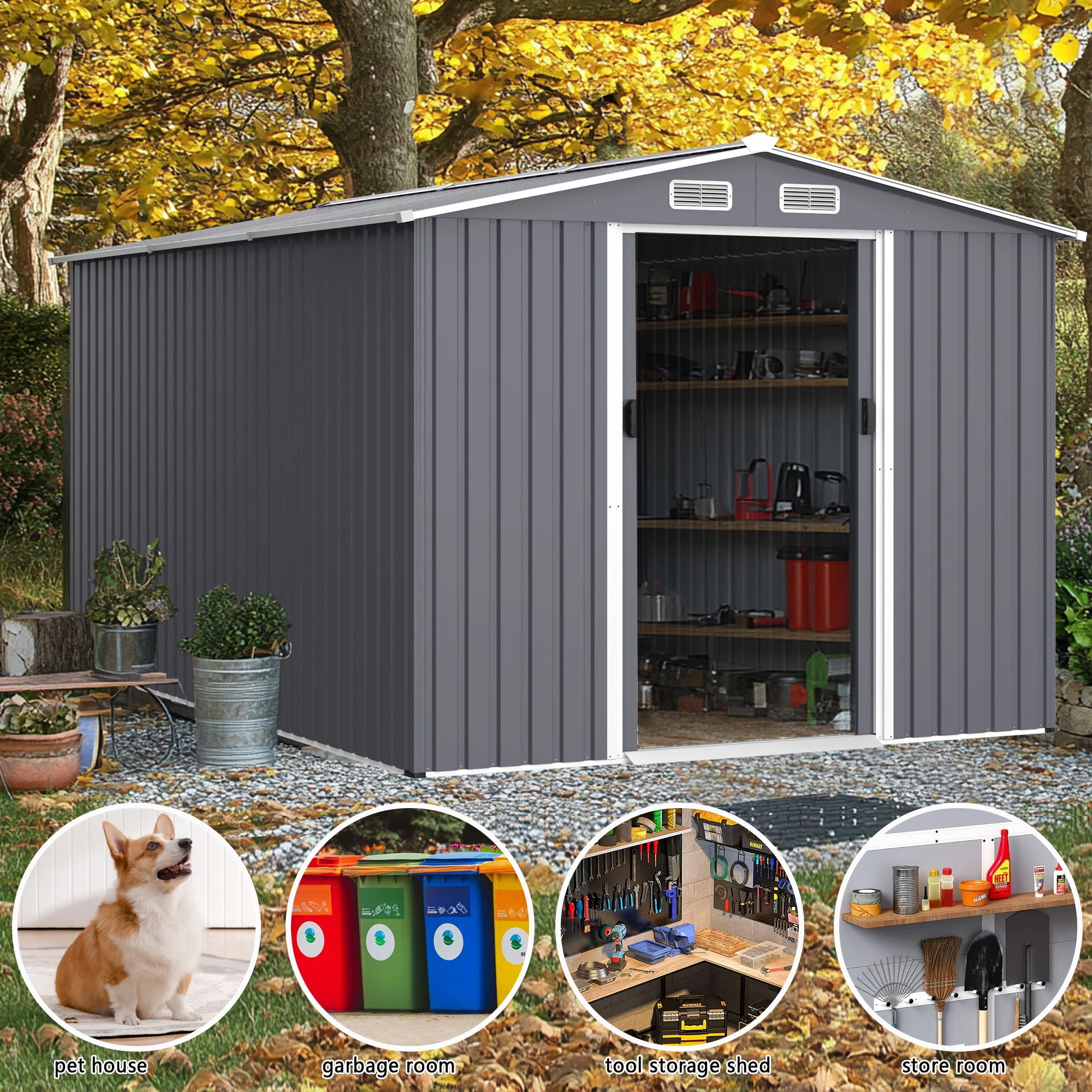 Outdoor Storage Shed Garden Building Heavy Duty Metal Sloped Roof Gray - Image 10