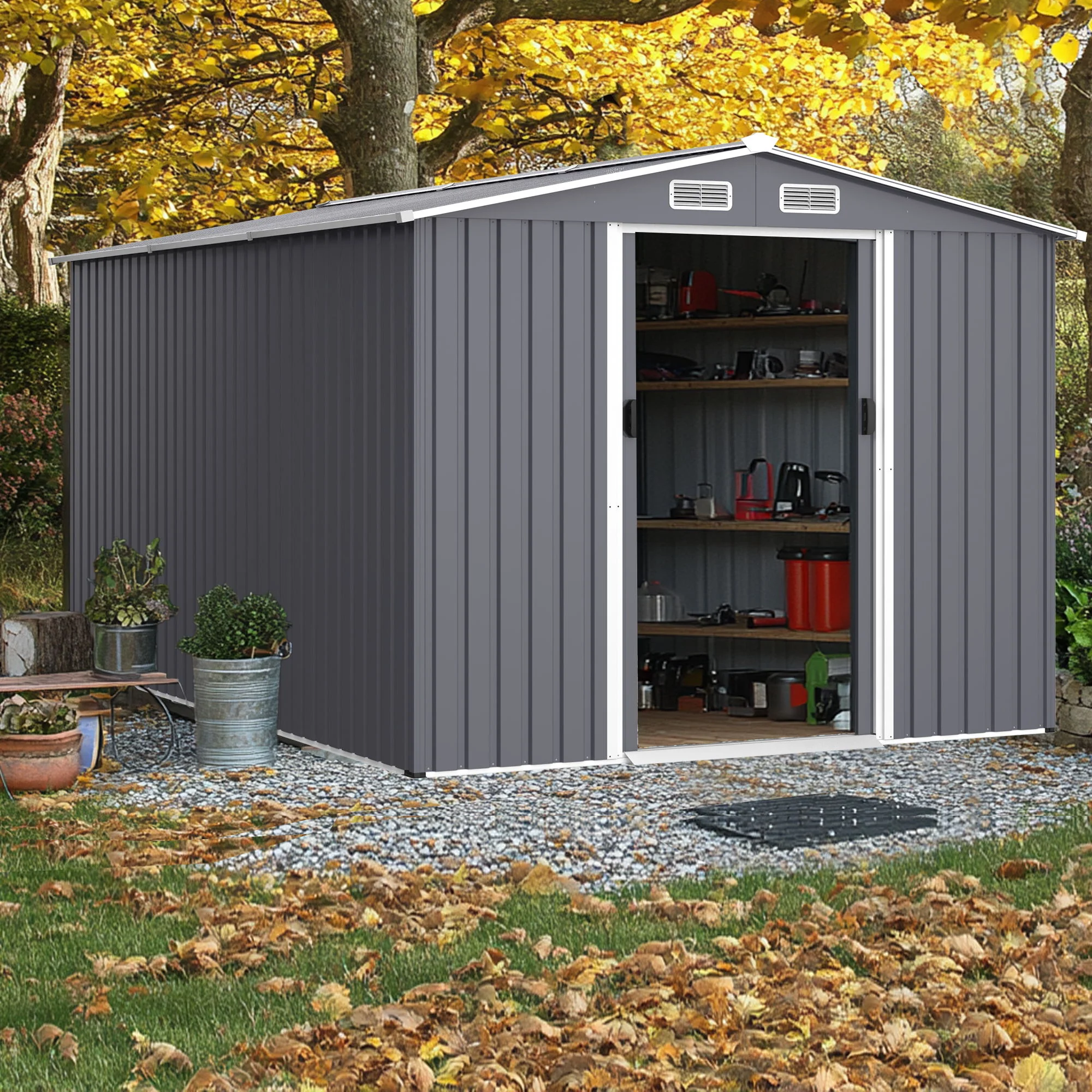 Outdoor Storage Shed Garden Building Heavy Duty Metal Sloped Roof Gray - Image 5