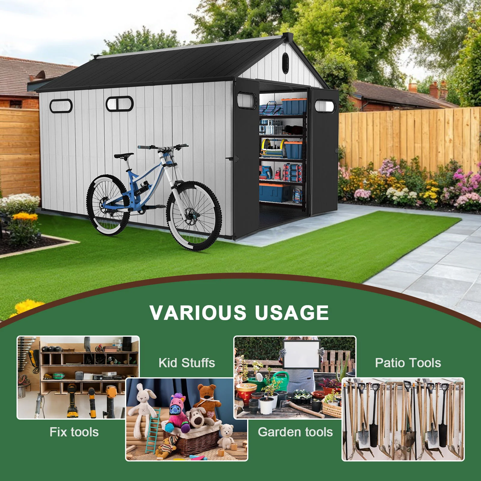 Outdoor Storage Shed Garden Building Steel Reinforced Plastic 8x12ft Gray - Image 8