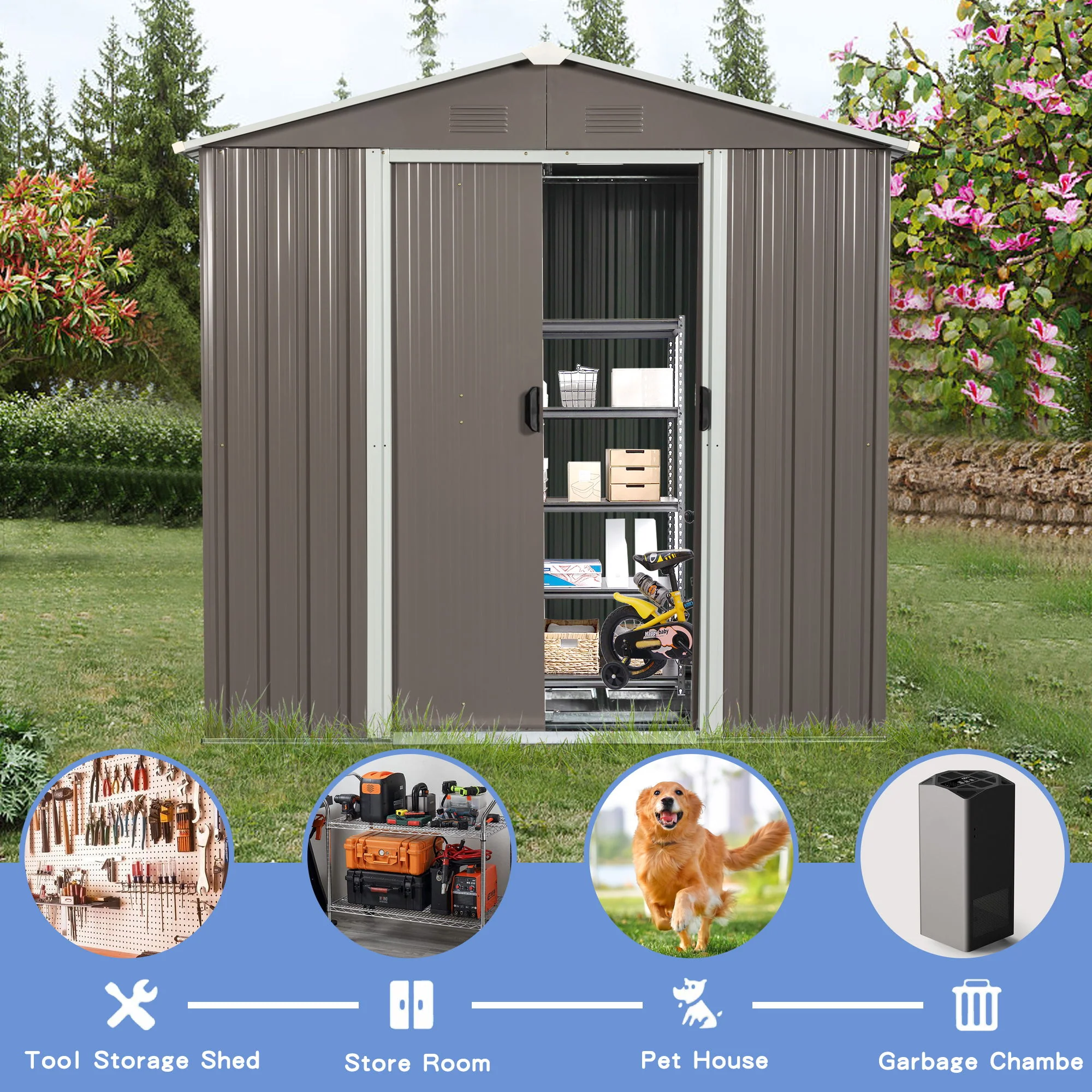 Outdoor Storage Shed Garden Building Weather Resistant Metal 8x4ft Gray - Image 2