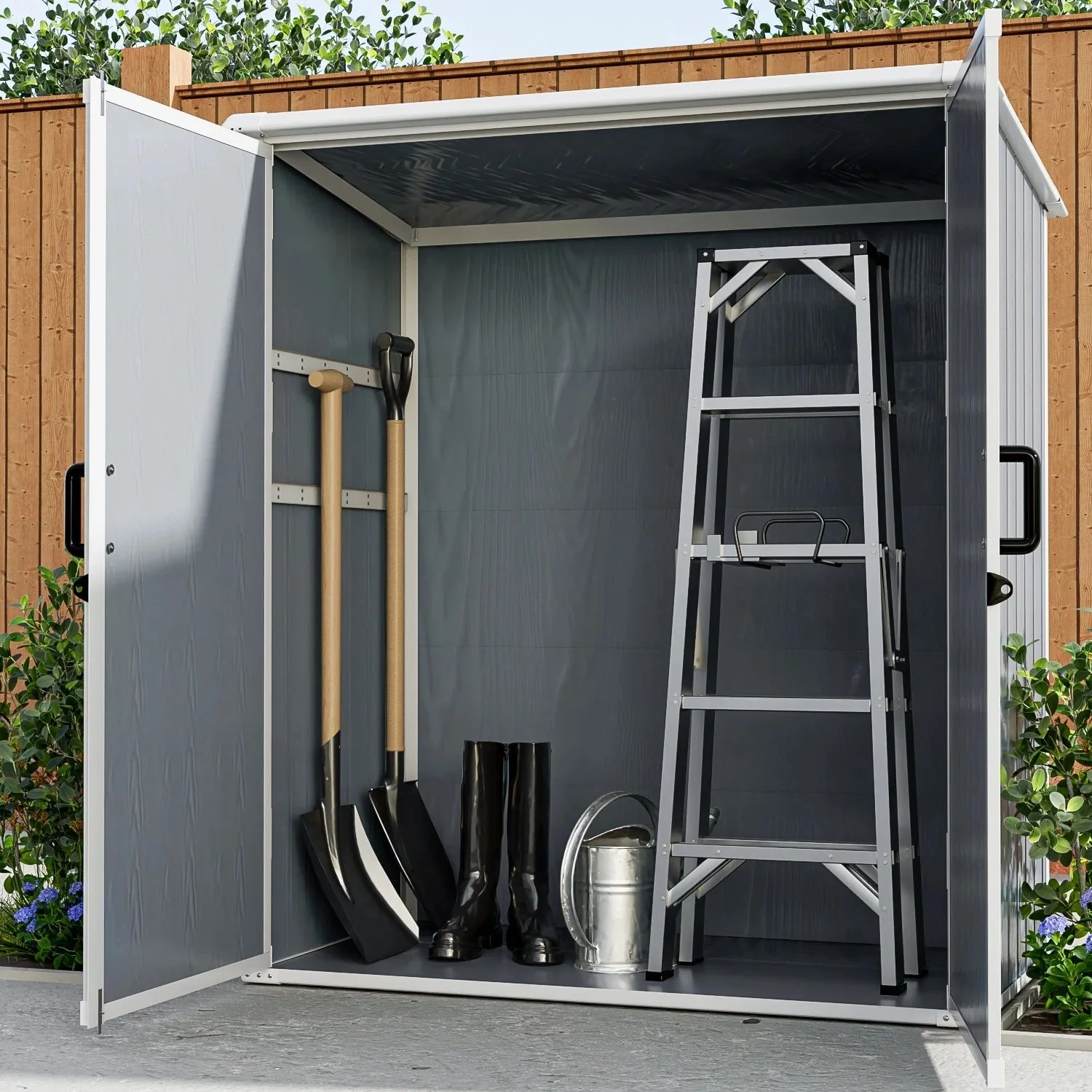 Outdoor Storage Shed Waterproof Resin Cabinet With Lockable Doors For Bikes And Patio Furniture - Gray - Image 4