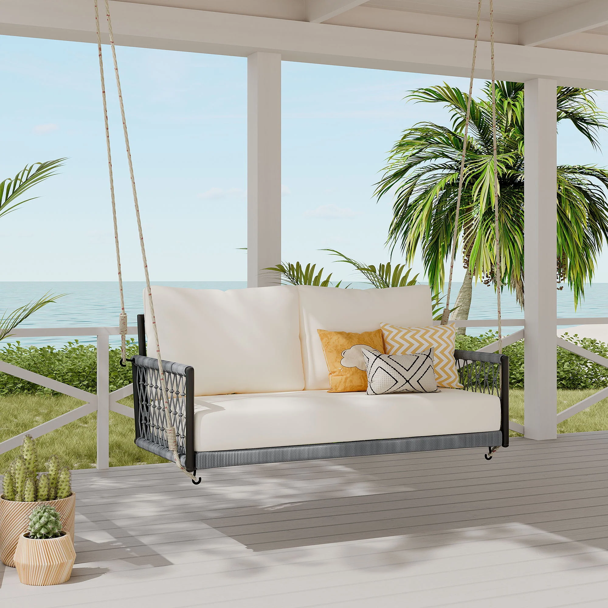 Outdoor Swing Sofa With Soft Cushions For Patio - Beige - Image 6
