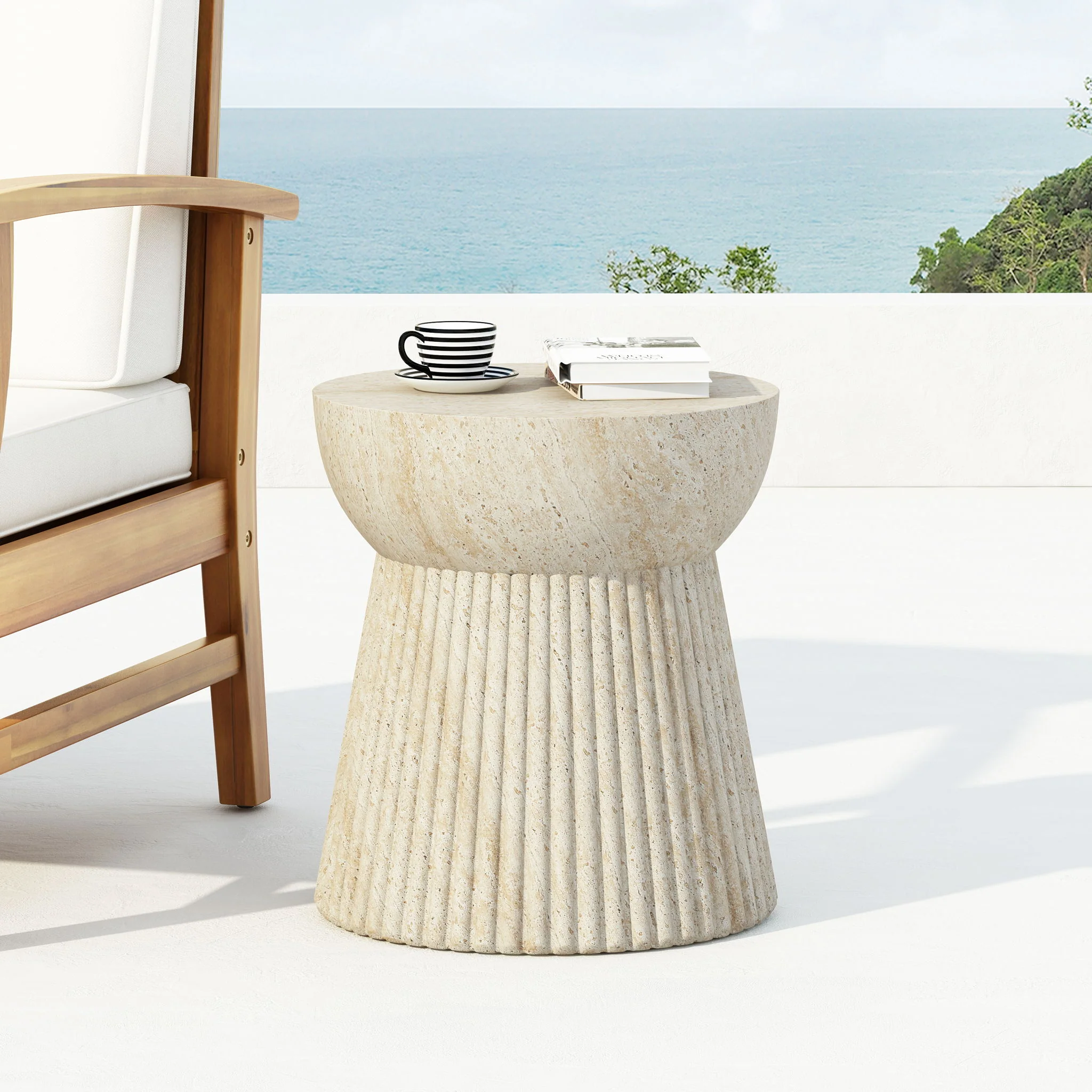 Outdoor Travertine Concrete Side Table - Beige - Image 2