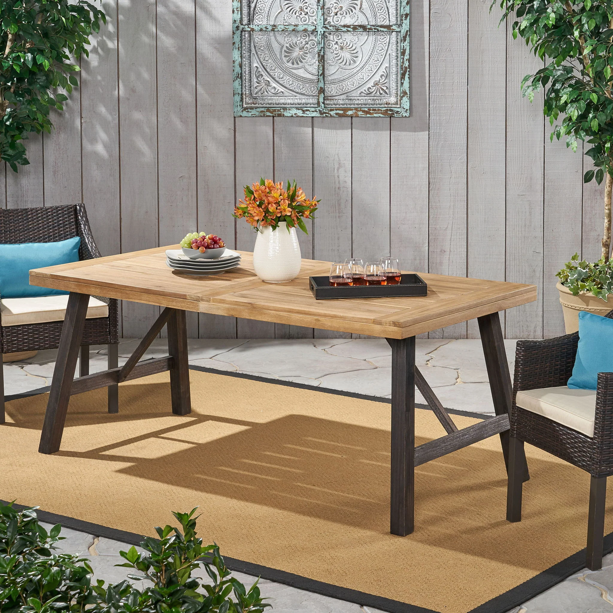 Outdoor Weather Resistant Dining Table With Slat Panel Design - Natural / Gray - Image 4