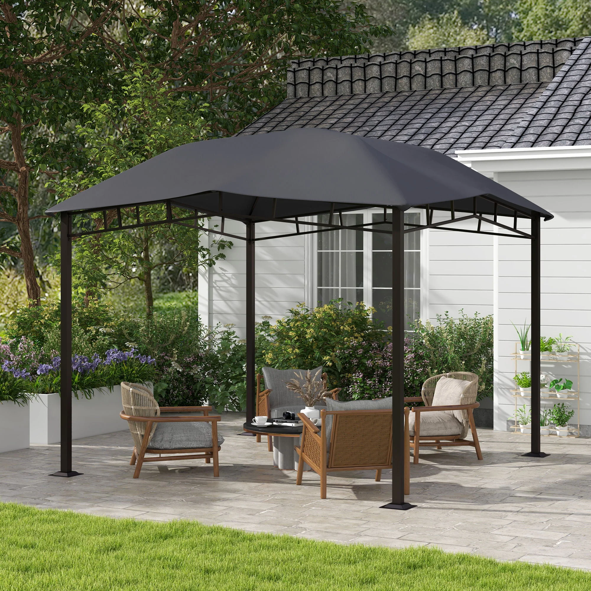 Outsunny - 10' x 10' Soft Top Patio Gazebo Outdoor Canopy With Unique Geometric Design Roof, All-Weather Steel Frame - Gray - Image 5