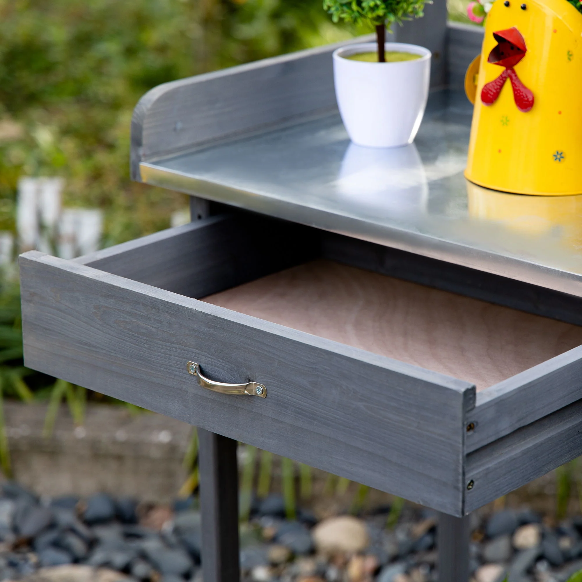 Outsunny - Outdoor Potting Bench Table, Garden Work Station With Storage Cabinet, Open Shelf And Steel Tabletop - Gray - Image 7