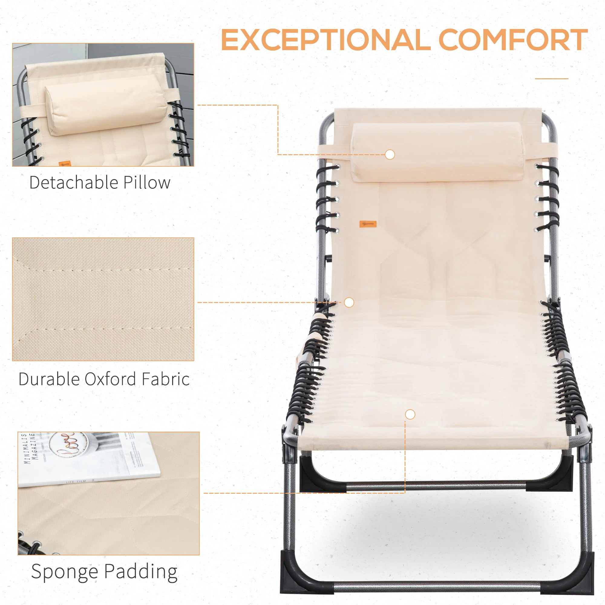 Outsunny - Padded Folding Chaise Lounge Chair, Outdoor 6-Level Reclining Camping Tanning Chair With Headrest For Beach, Yard, Patio, Pool - Beige - Image 3