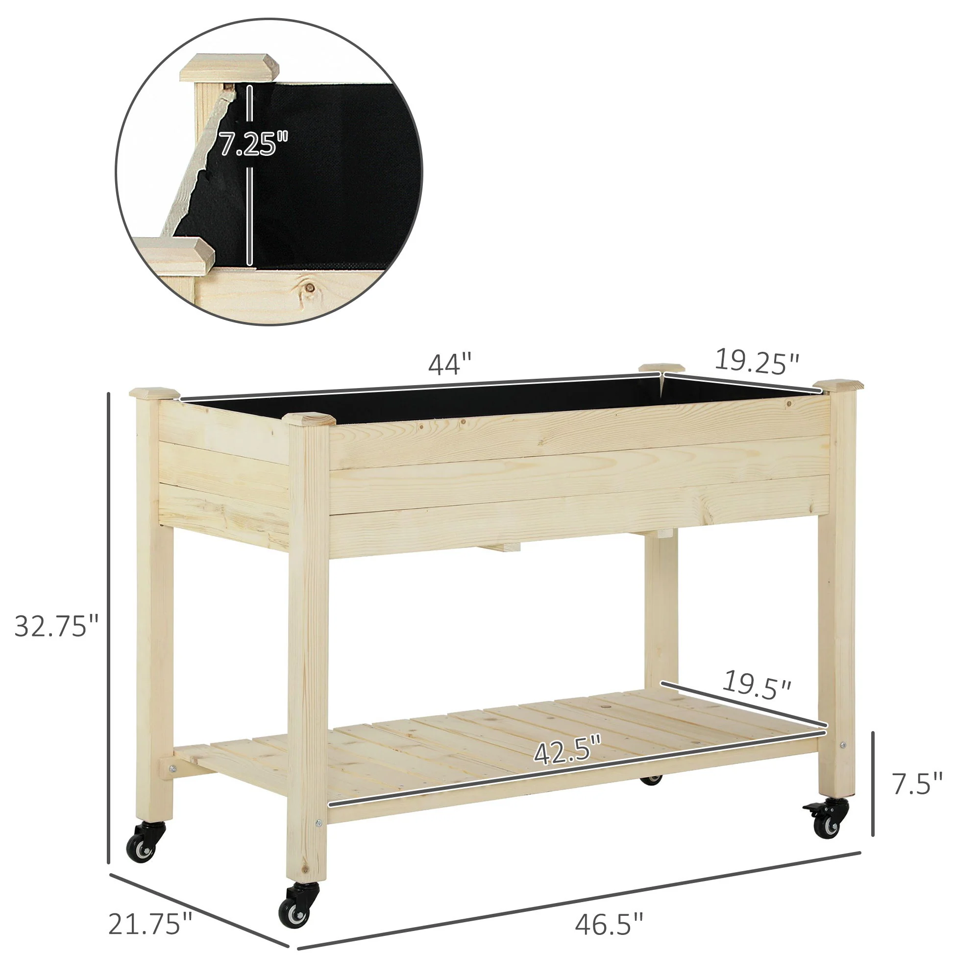 Outsunny - Raised Garden Bed, 47" x 22" x 33", Elevated Wooden Planter Box With Lockable Wheels, Storage Shelf, And Bed Liner For Backyard, Patio - Natural - Image 3