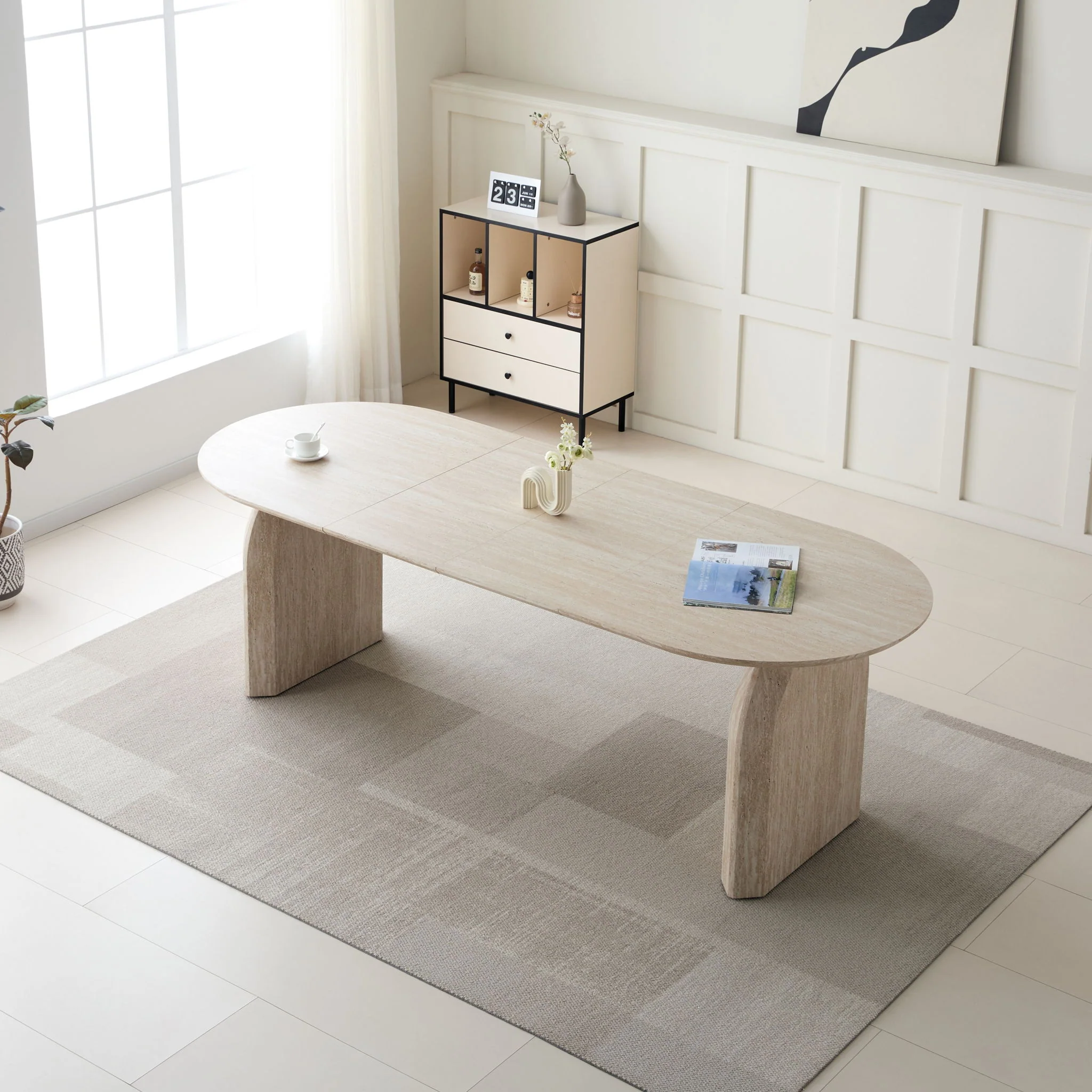 Oval Extendable Dining Table With Dual Pillar Design - Off White - Image 2