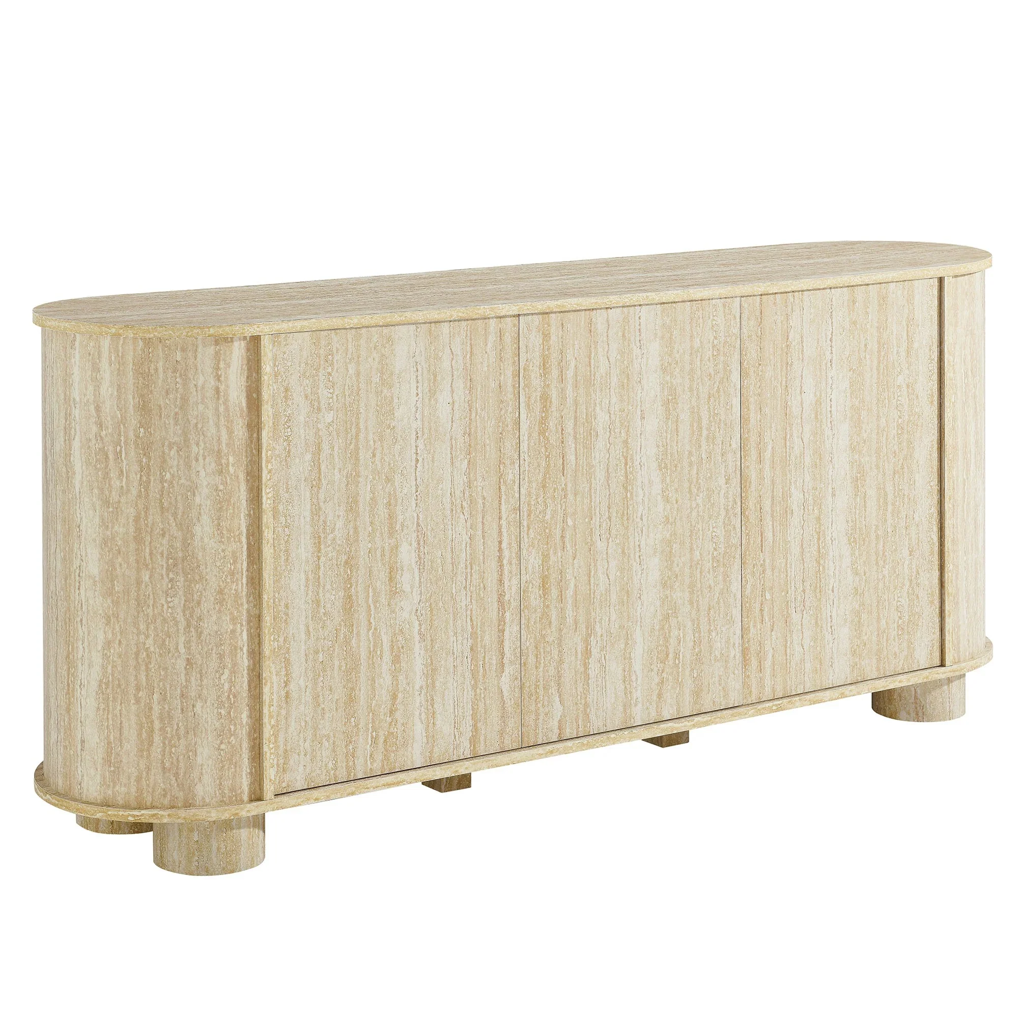 Oval Faux Travertine Sideboard Storage Cabinet – Beige Stone Finish 63 Inch - Image 9