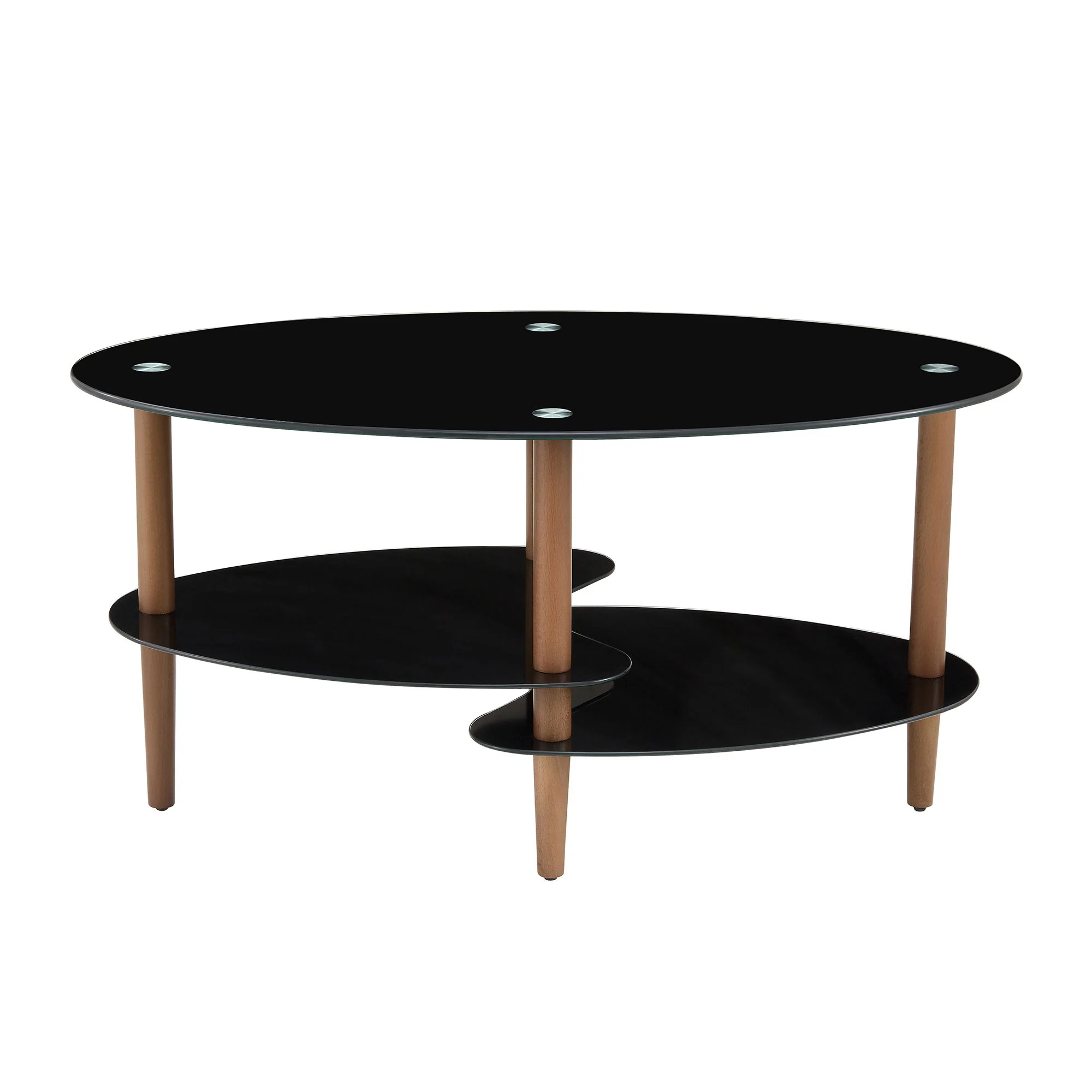 Oval Glass Coffee Table, Modern Table In Living Room Oak Wood Leg Tea Table 3-Layer Tempered Glass Table - Brown / Black - Image 2