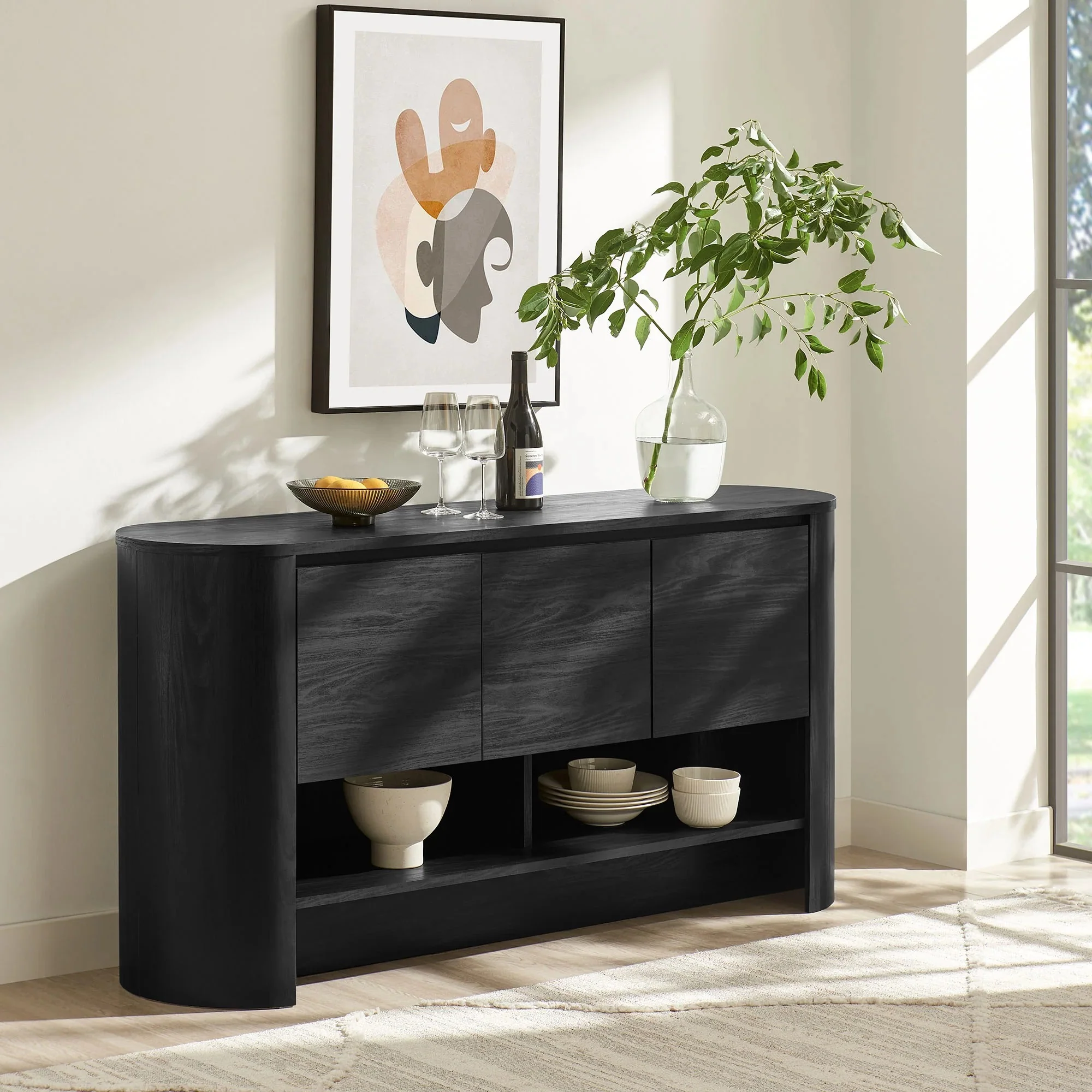 Oval Storage Sideboard Cabinet with Open Shelves – Wood Finish 62 Inch - Image 17