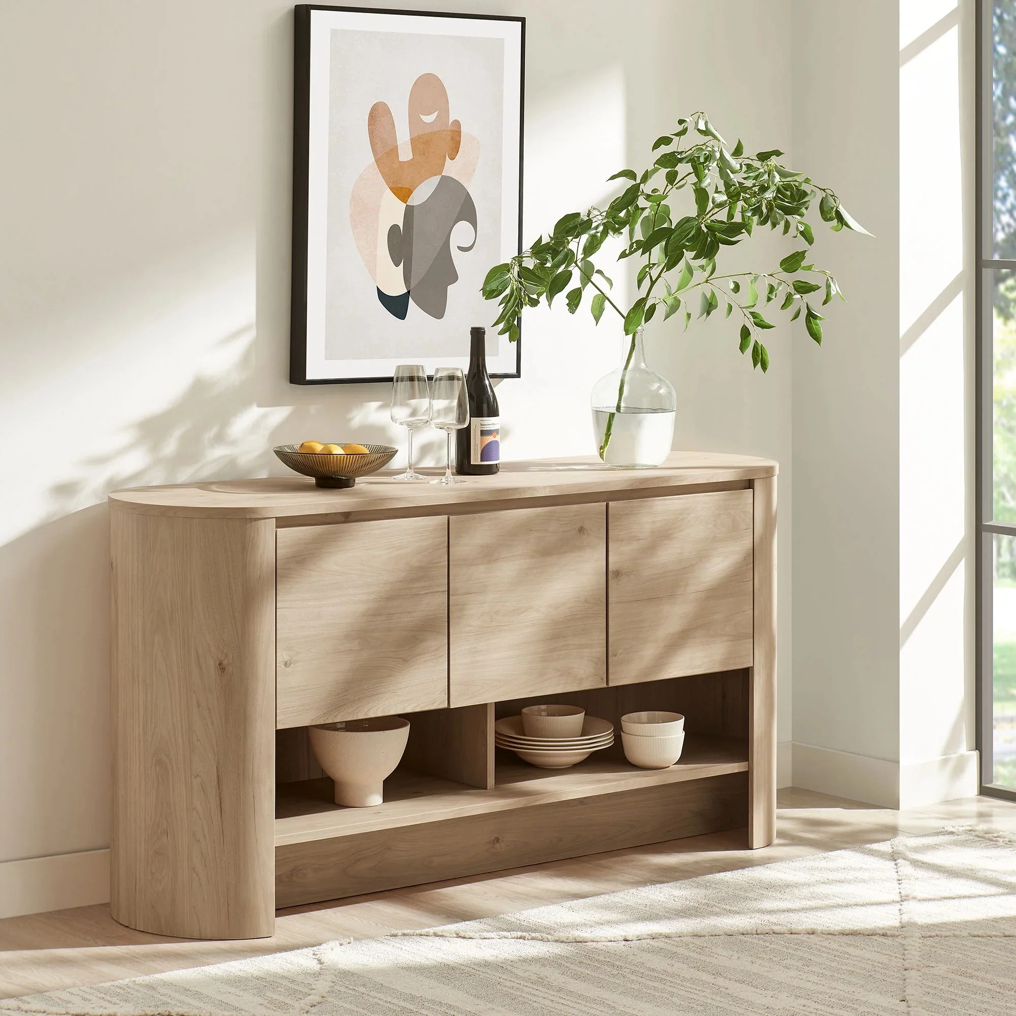 Oval Storage Sideboard Cabinet with Open Shelves – Wood Finish 62 Inch - Image 6