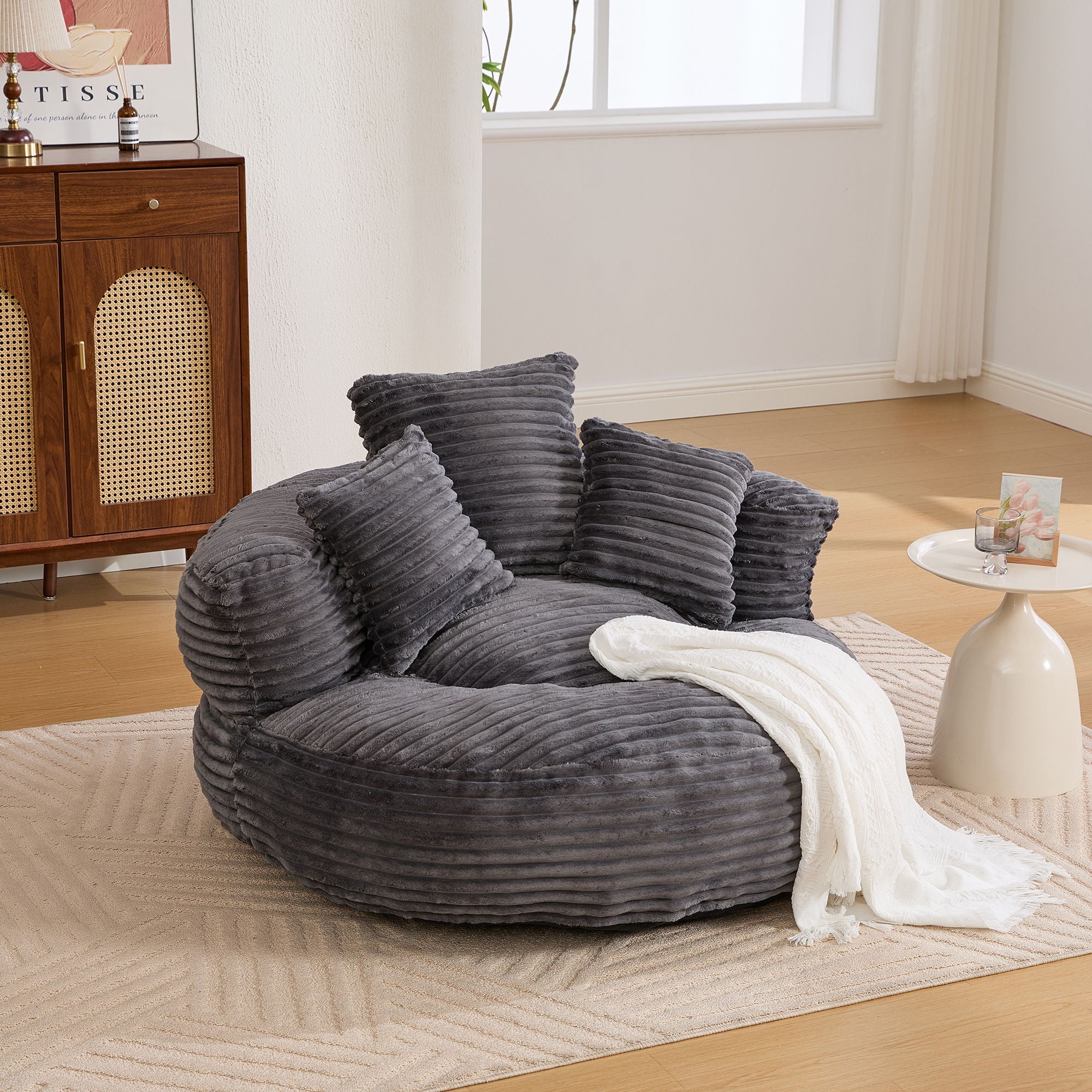 Oversized Bean Bag Chair With 3 Pillows & Armrest - Dark Gray - Image 4