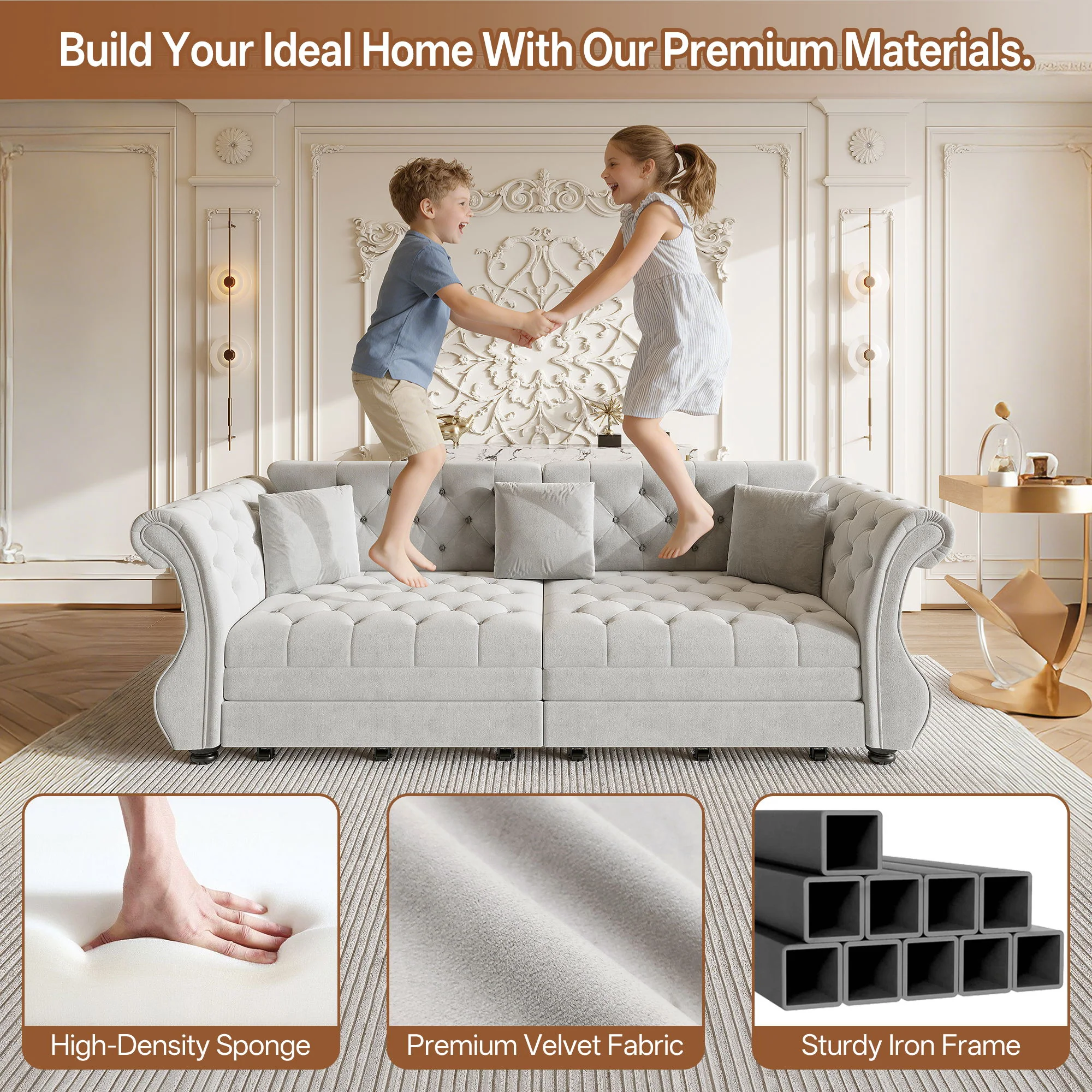 Oversized Chesterfield Pull Out Sofa Bed, Roll Arm Couch With Flower Tufting For Living Room - Image 40