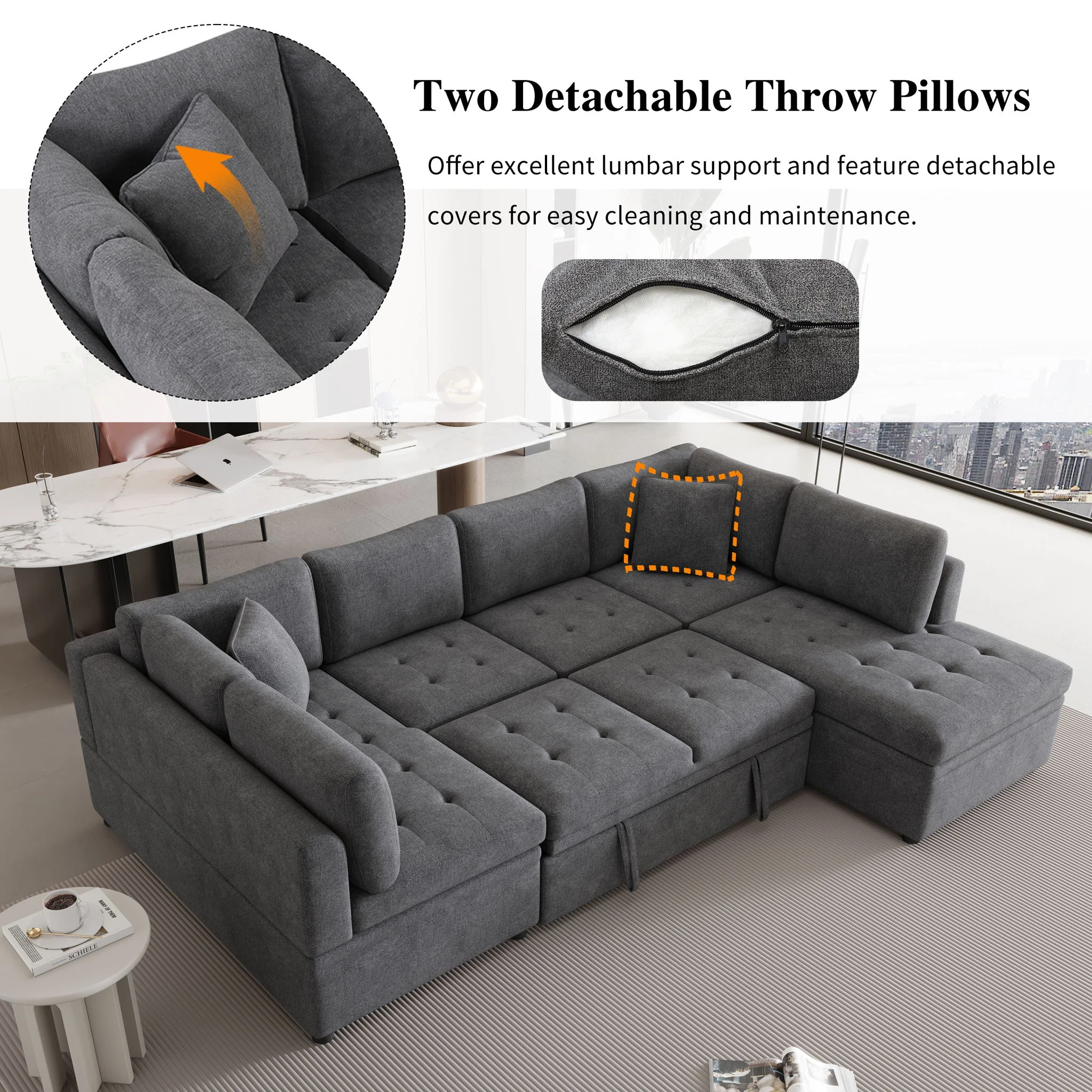 Oversized Sectional Sofa U-Shaped Sofa Couch Pull-Out Sofa Bed With Two Throw Pillows For Living Room - Image 7