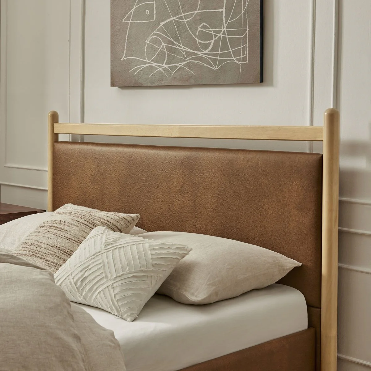Padded Fabric Platform Bed with Light Oak Accents - Image 40